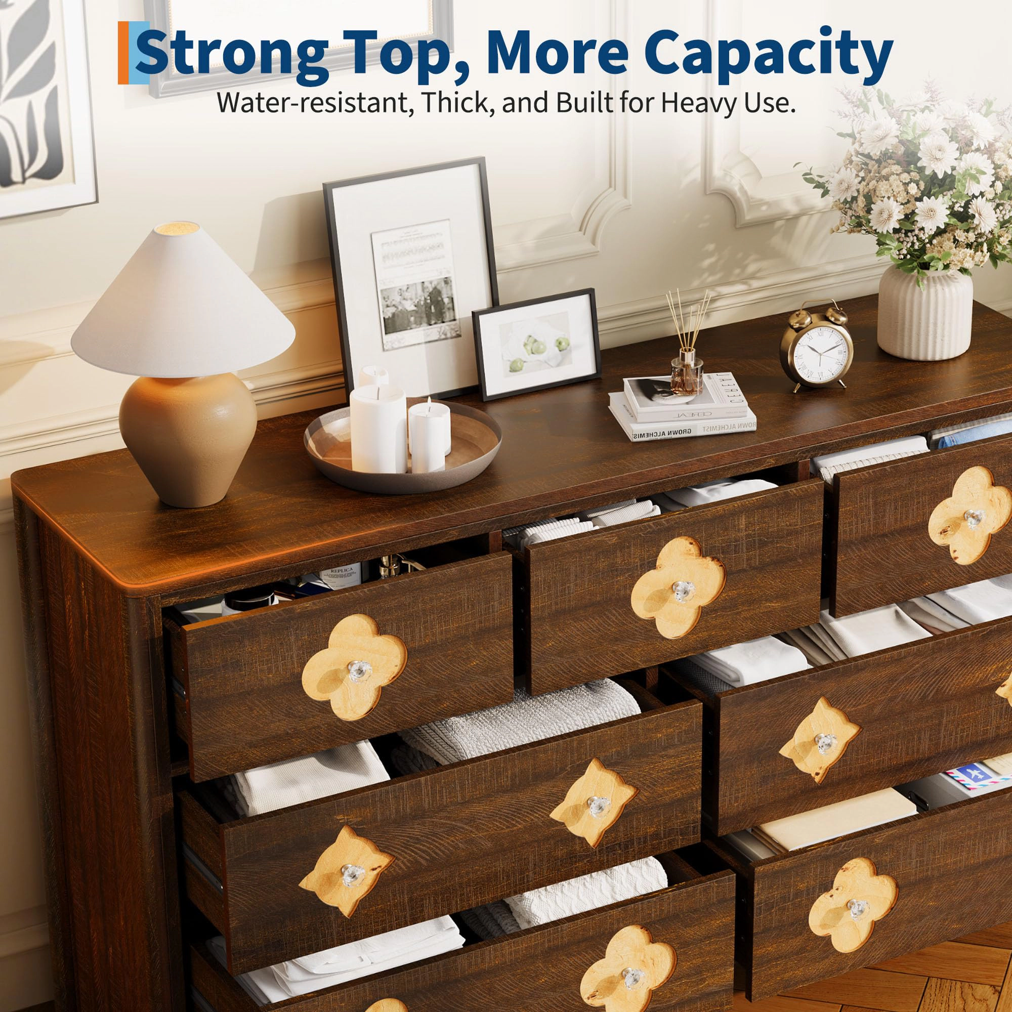 54" Wide 7 Drawer Wood Dresser with Decorative Fronts & Crystal Knobs, Storage TV Stand Organizer