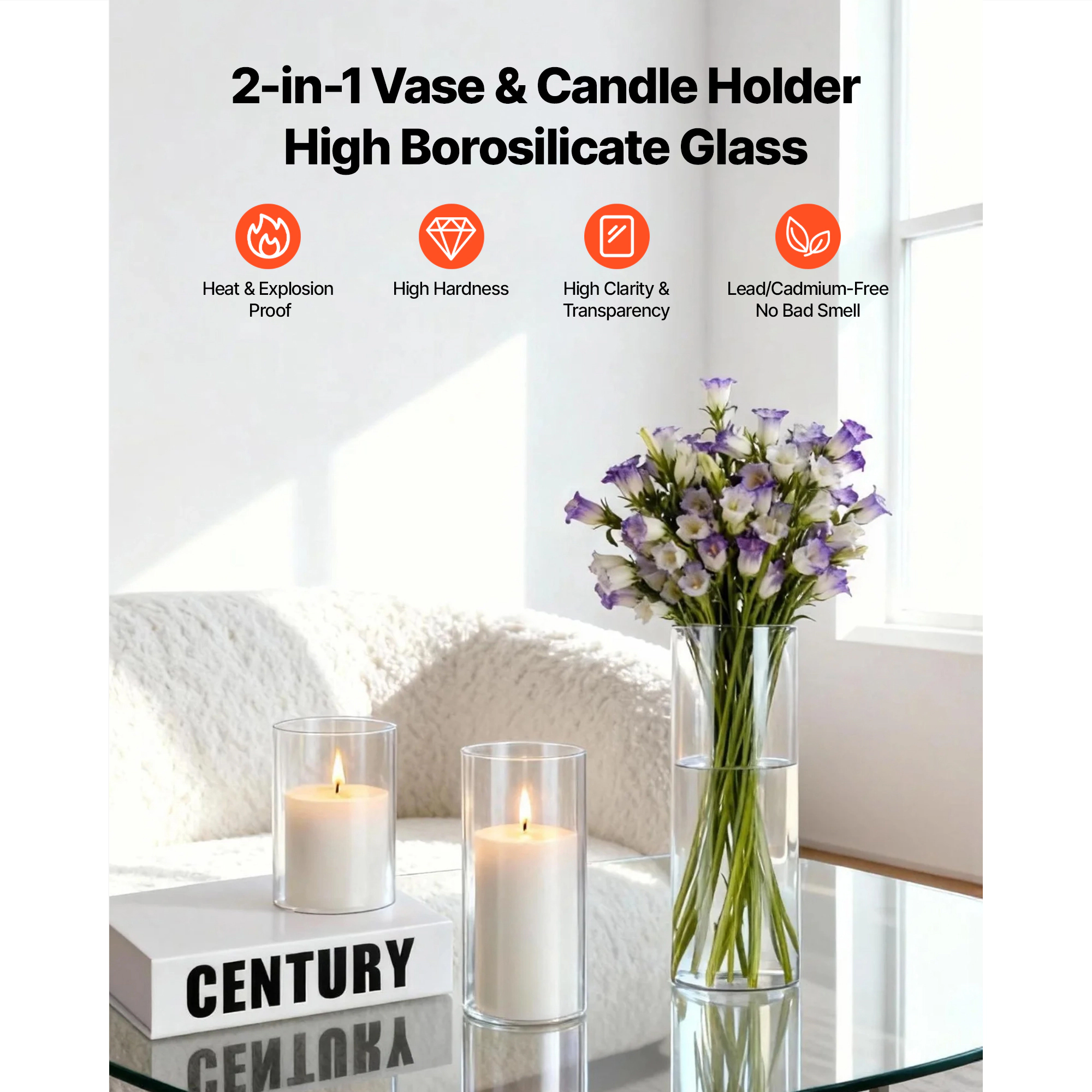HONGGE Pillar Candles and Glass Vases Set Clear Cylinder Hurricane Candle Holders for Wedding Centerpieces Tall Vase