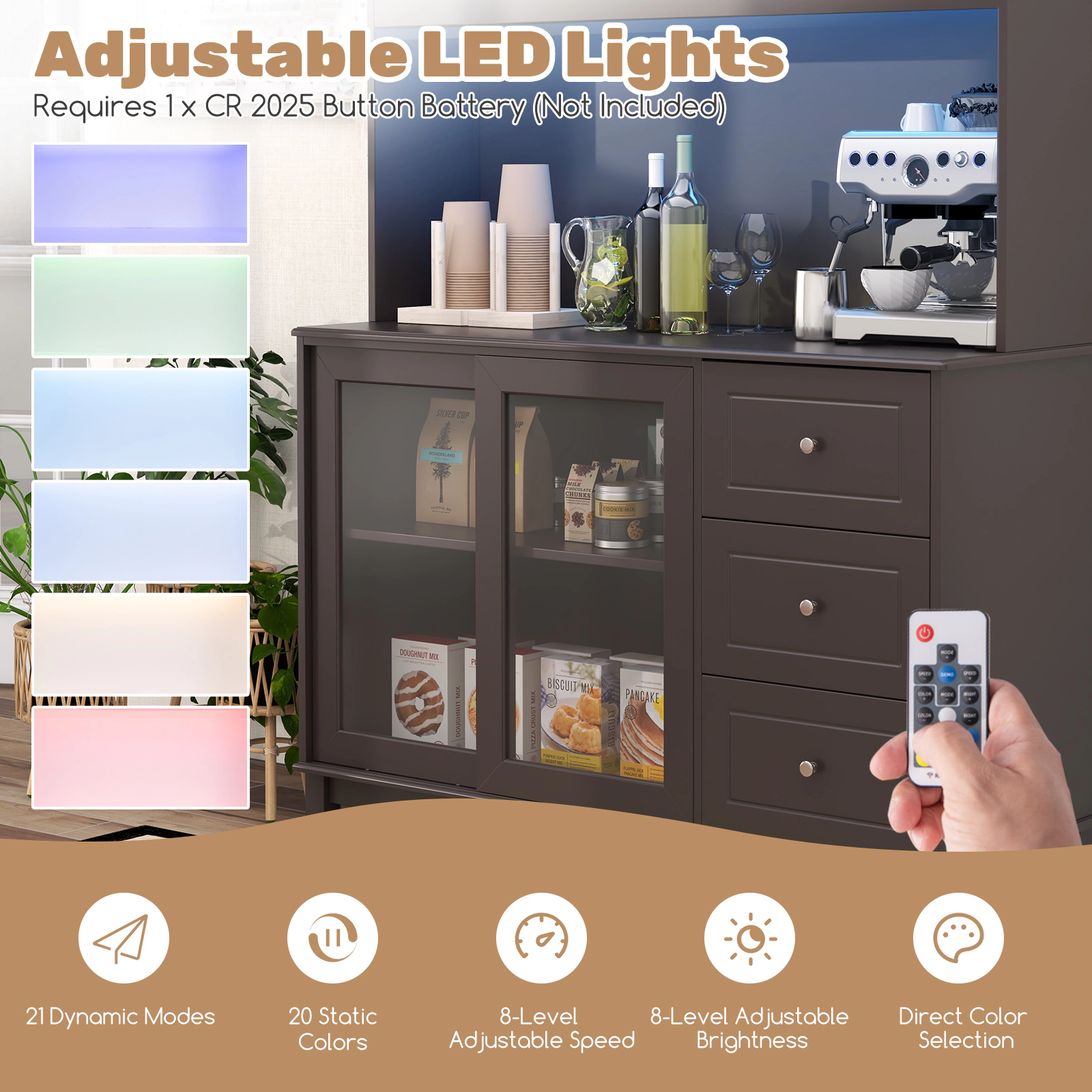 Glintex 73-Inch Kitchen Hutch with LED Lights and Sliding Glass Doors