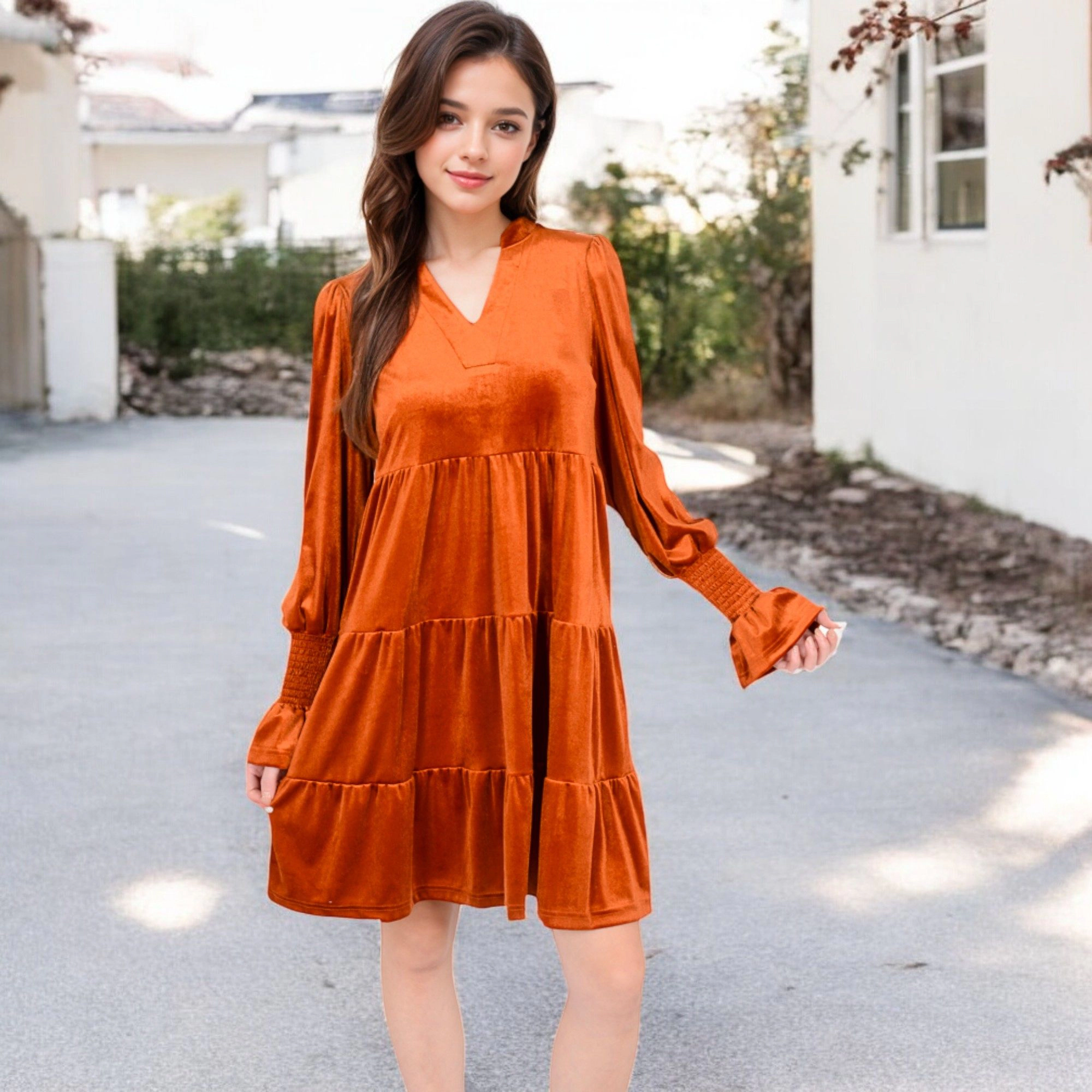Anna-Kaci Women's Tiered A-Line Long Sleeves Smocked Cuffs Dress