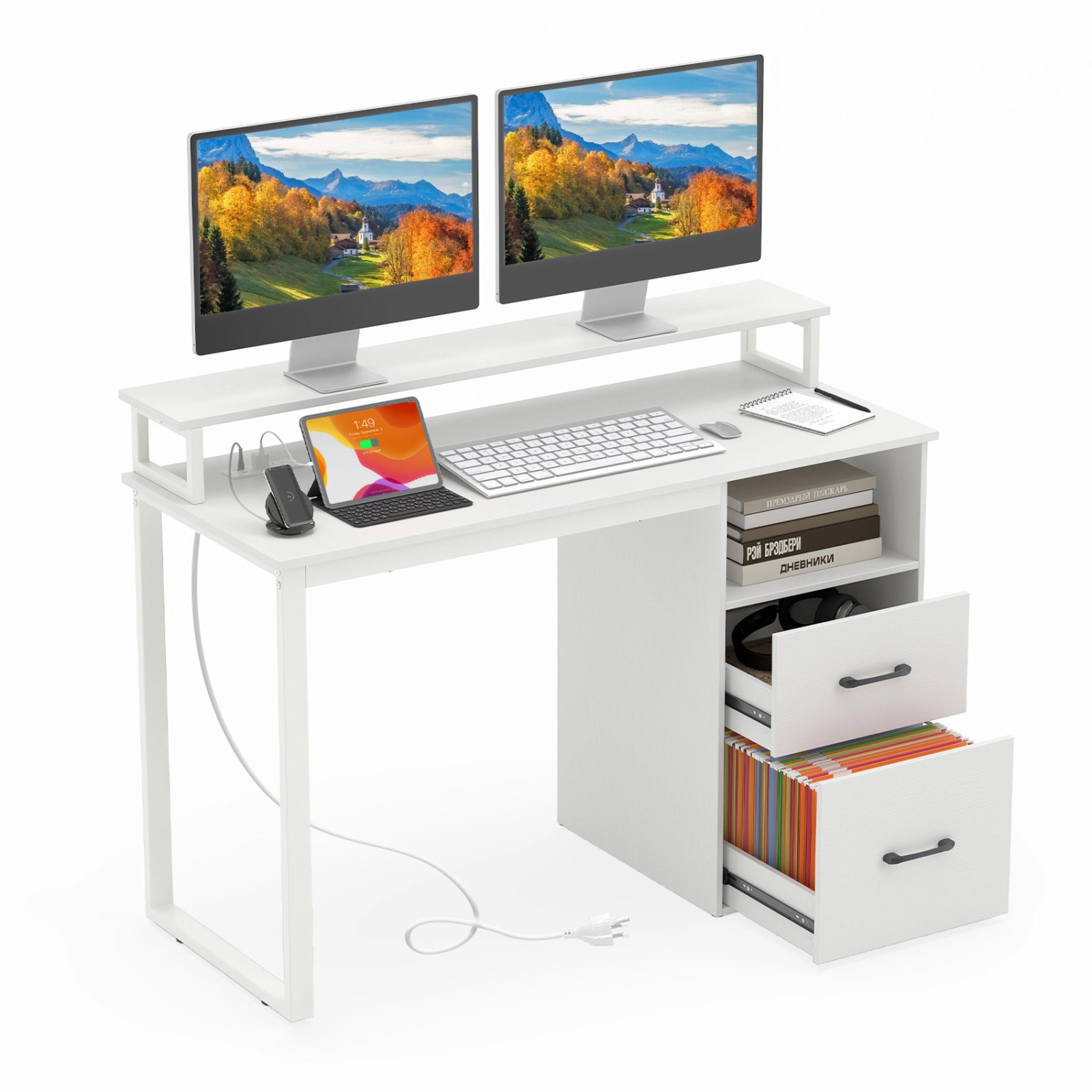 SUGIFT Modern Computer Desk with Power Outlets and File Drawer 135-lb Tabletop Capacity with Monitor Stand White