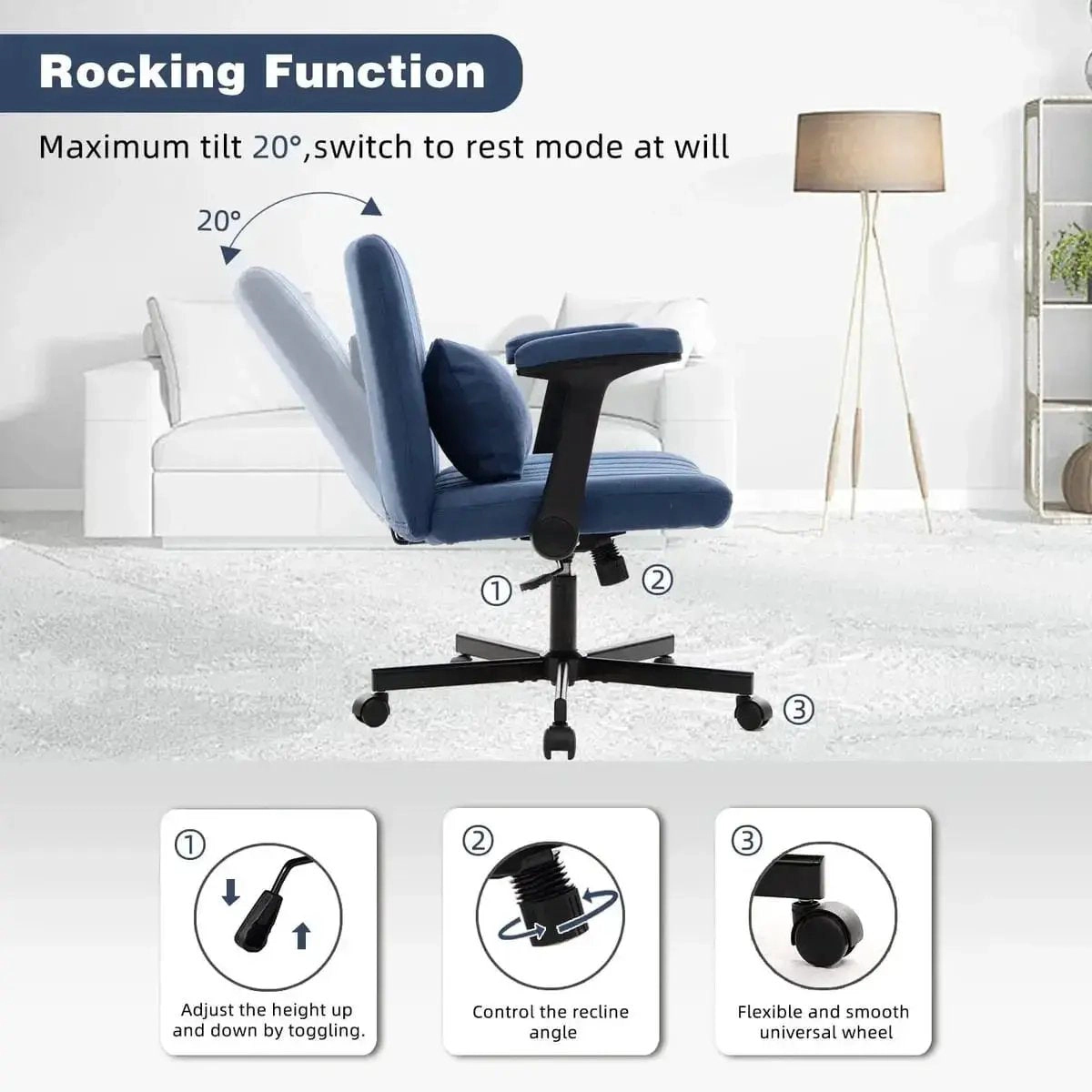 Platinum-Level Office Chairs Blue Velvet Office Chair with Armrests & Memory Foam