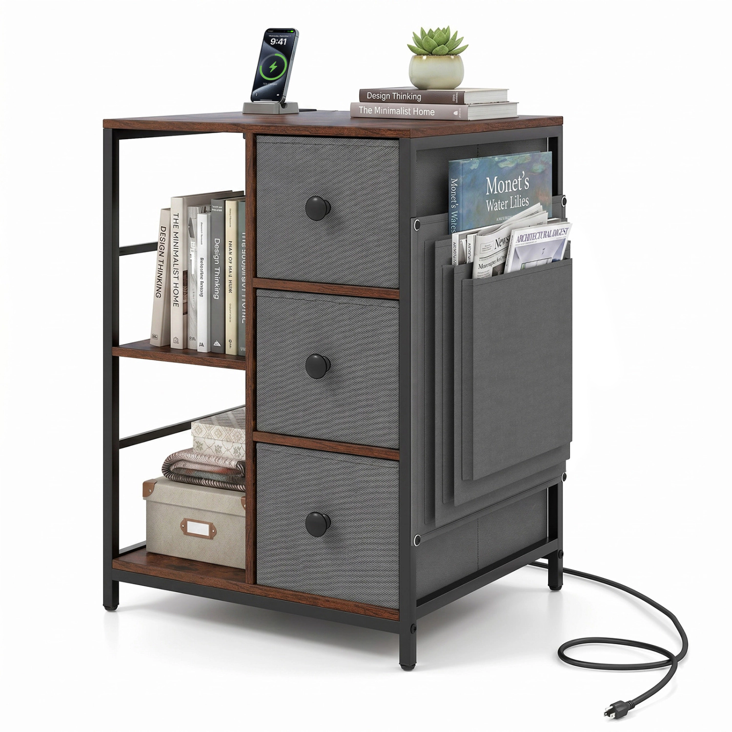 Glintex Industrial Nightstand with Charging Station Side Pockets and Drawer Stoppers, Rustic Brown