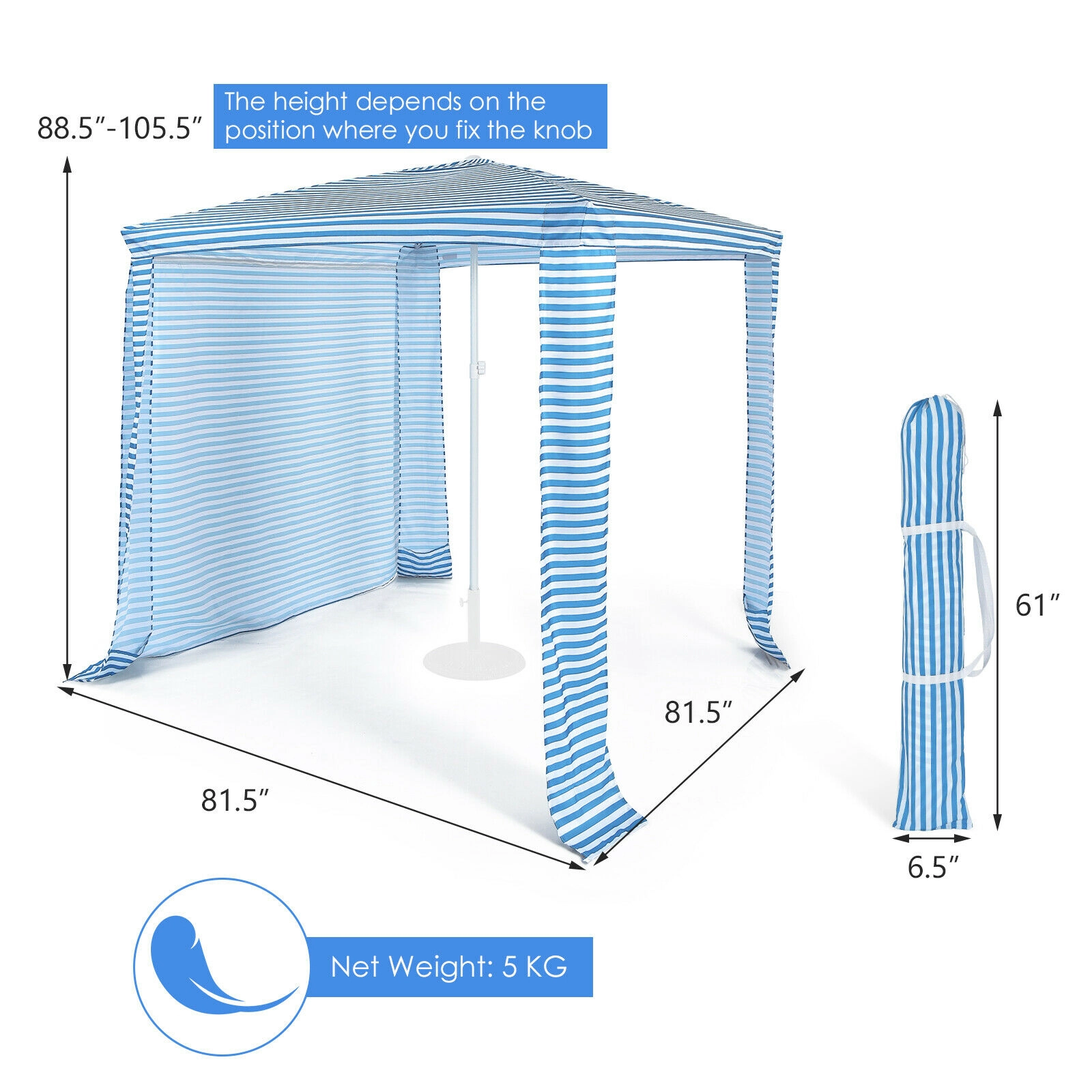 SUGIFT Blue Striped 4-Person Beach Canopy Tent with Sidewall