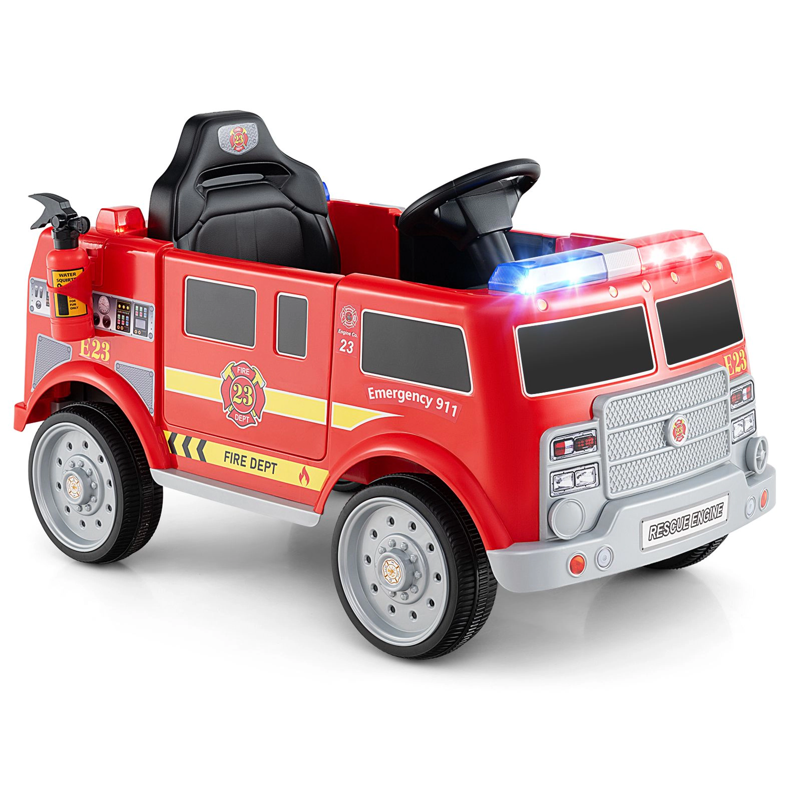 SlickBlue Electric Fire Truck Toy Car with Music, Storage Compartment, and Safety Belt