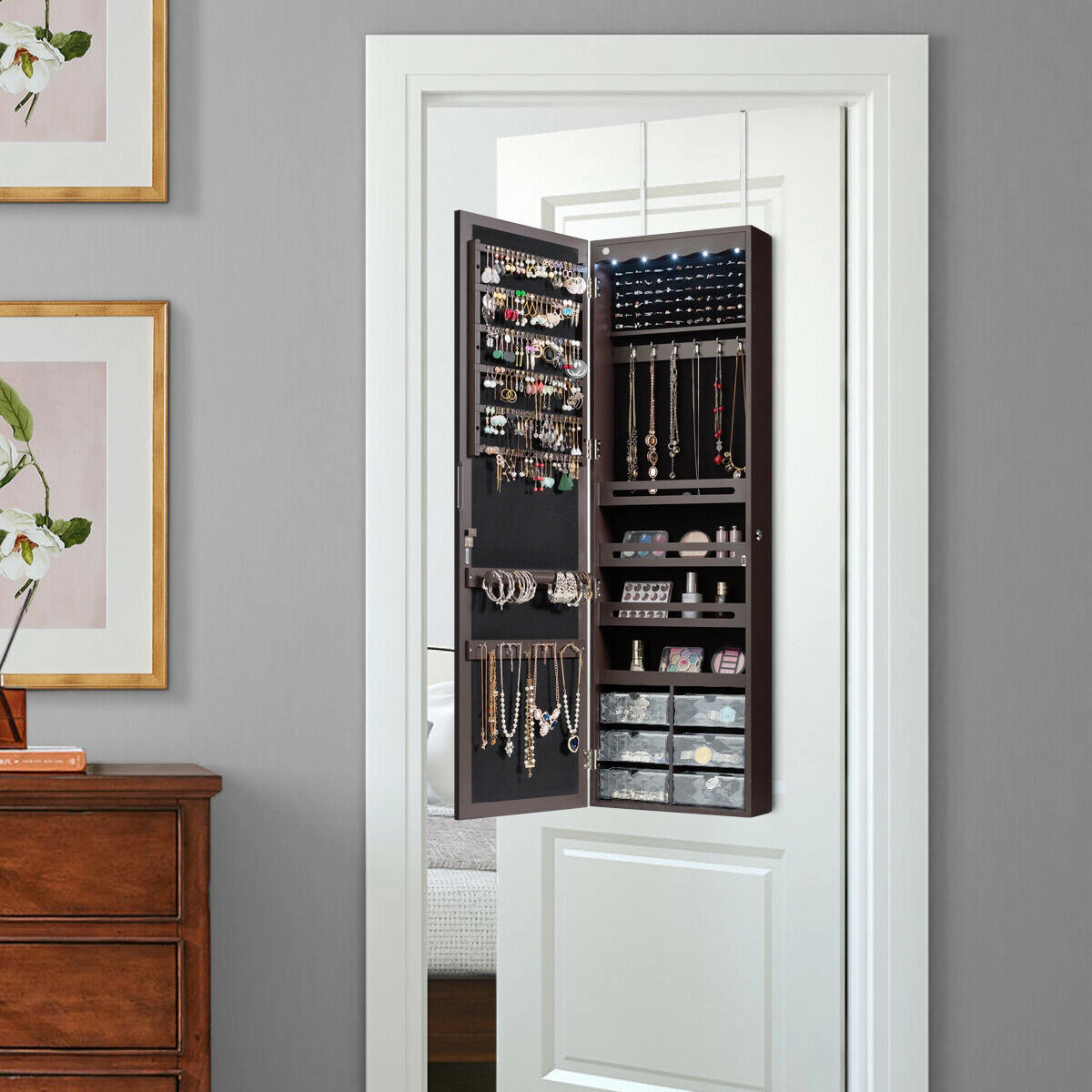 Slickblue Brown Lockable Mirrored Jewelry Armoire with LED Lights & Storage Drawers