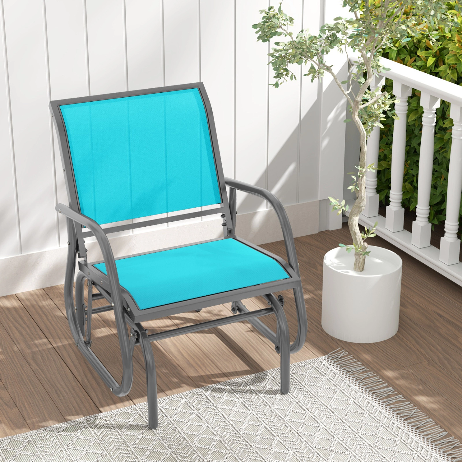 SUGIFT Turquoise Steel Outdoor Swing Glider Rocking Chair with Armrests