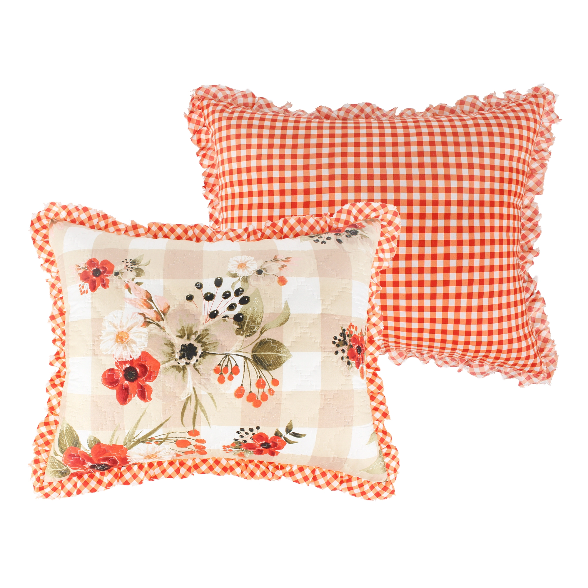Greenland Home Wheatly Farmhouse Gingham Quilted Pillow Sham inch with Ruffle Trim