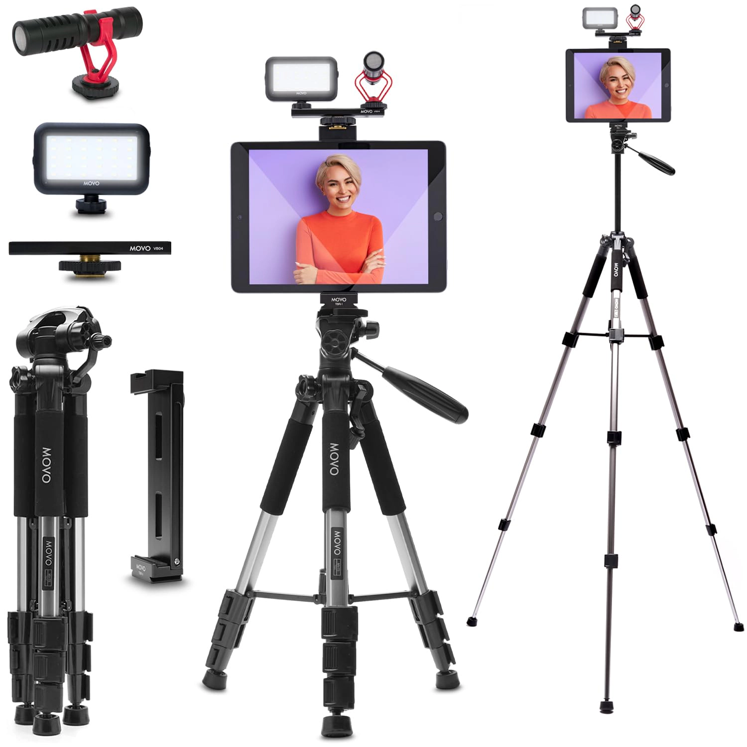 Movo Tablet Vlogging Kit for iPad Pro, Air, Mini and Android Tablets – Full-Size Tripod, Mic, LED Light and Tablet