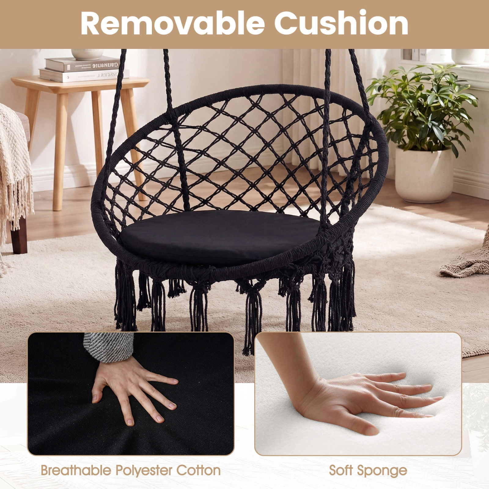 SUGIFT Macrame Hammock Swing Chair with Round Seat Cushion