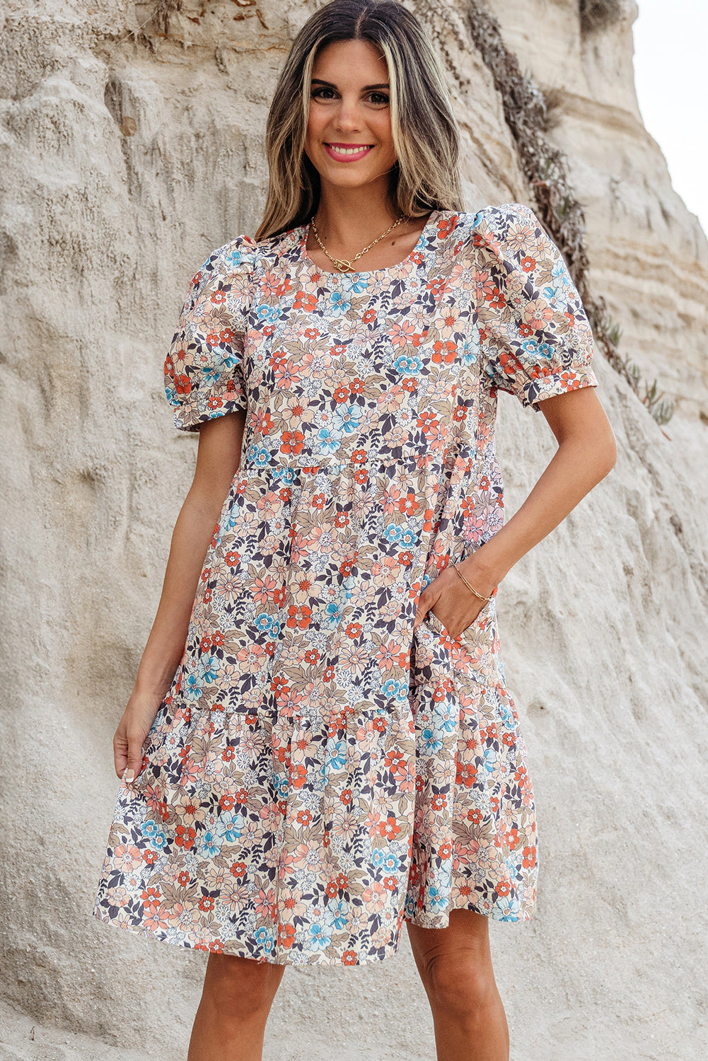 Threaded Pear Women's Aliana Bohemian Floral Mini Dress