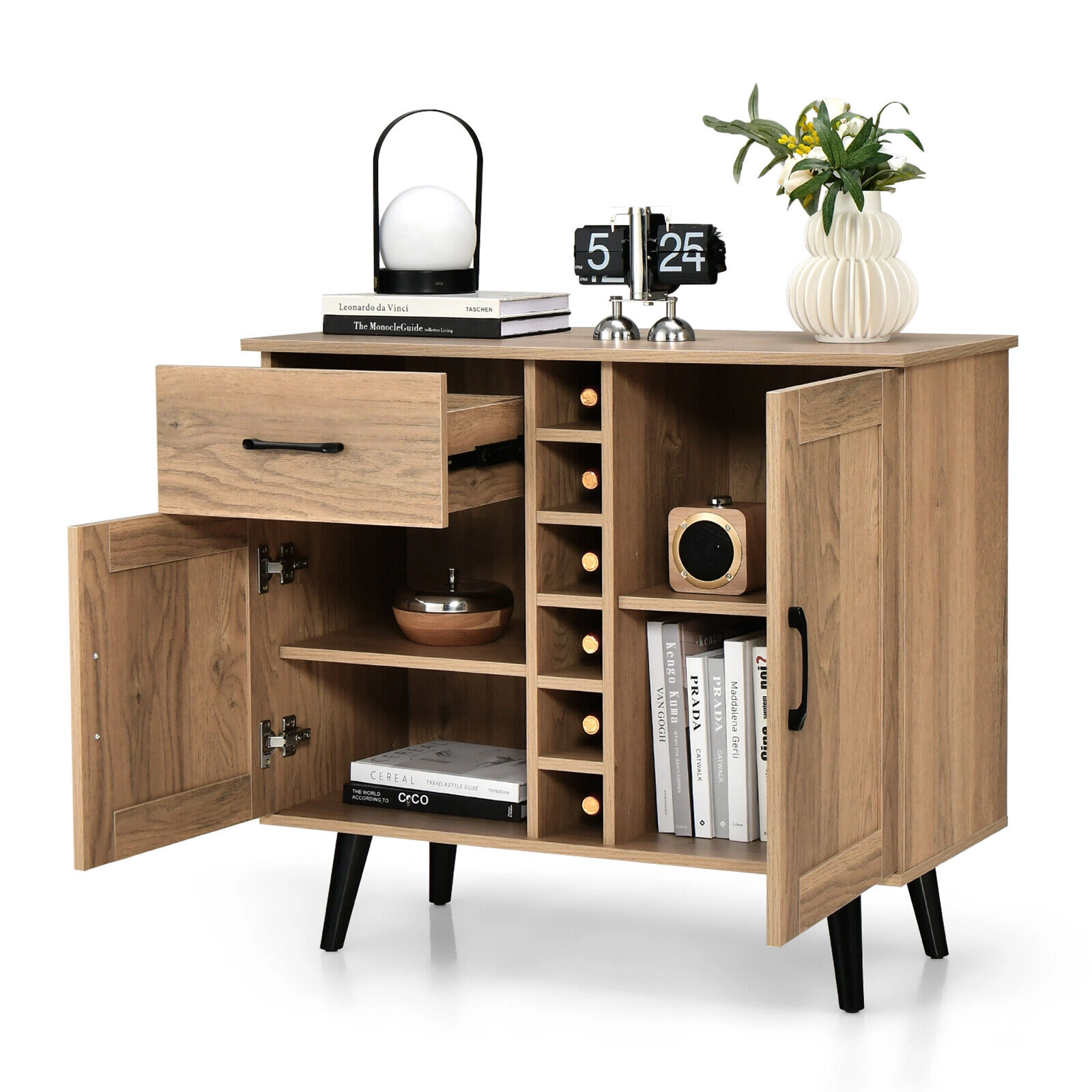 SUGIFT 2-Door Buffet Sideboard with Drawer and 6-Bottle Wine Rack 125-lb Tabletop Capacity White/Black/Natural