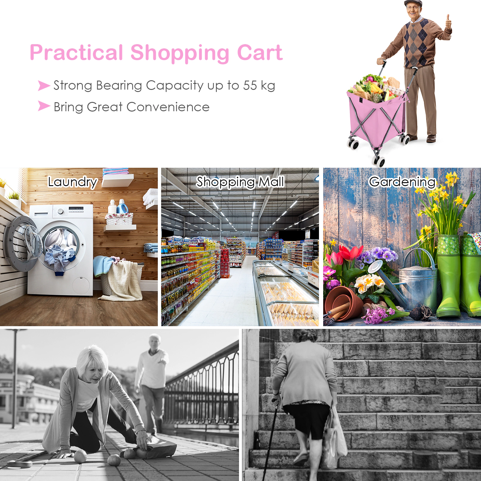 SUGIFT Folding Shopping Utility Cart Pink with Removable Water-Resistant Canvas Bag