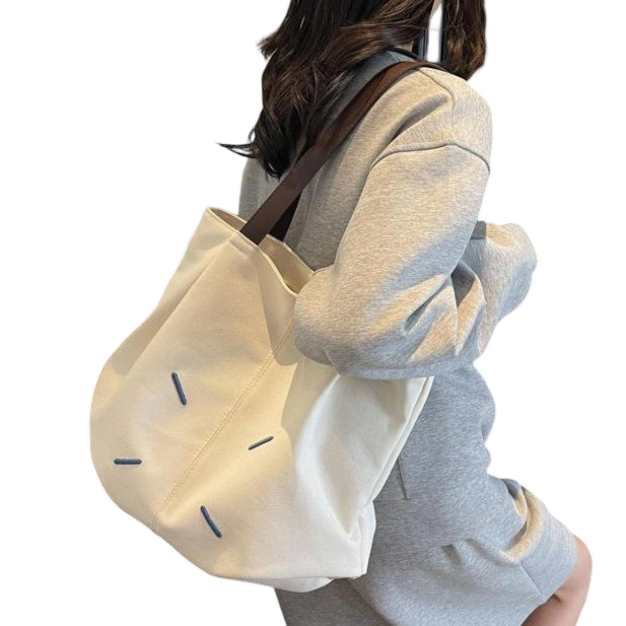 Alilang Women's Canvas Tote Bag with Contrast Handles and Decorative Stitch Detail