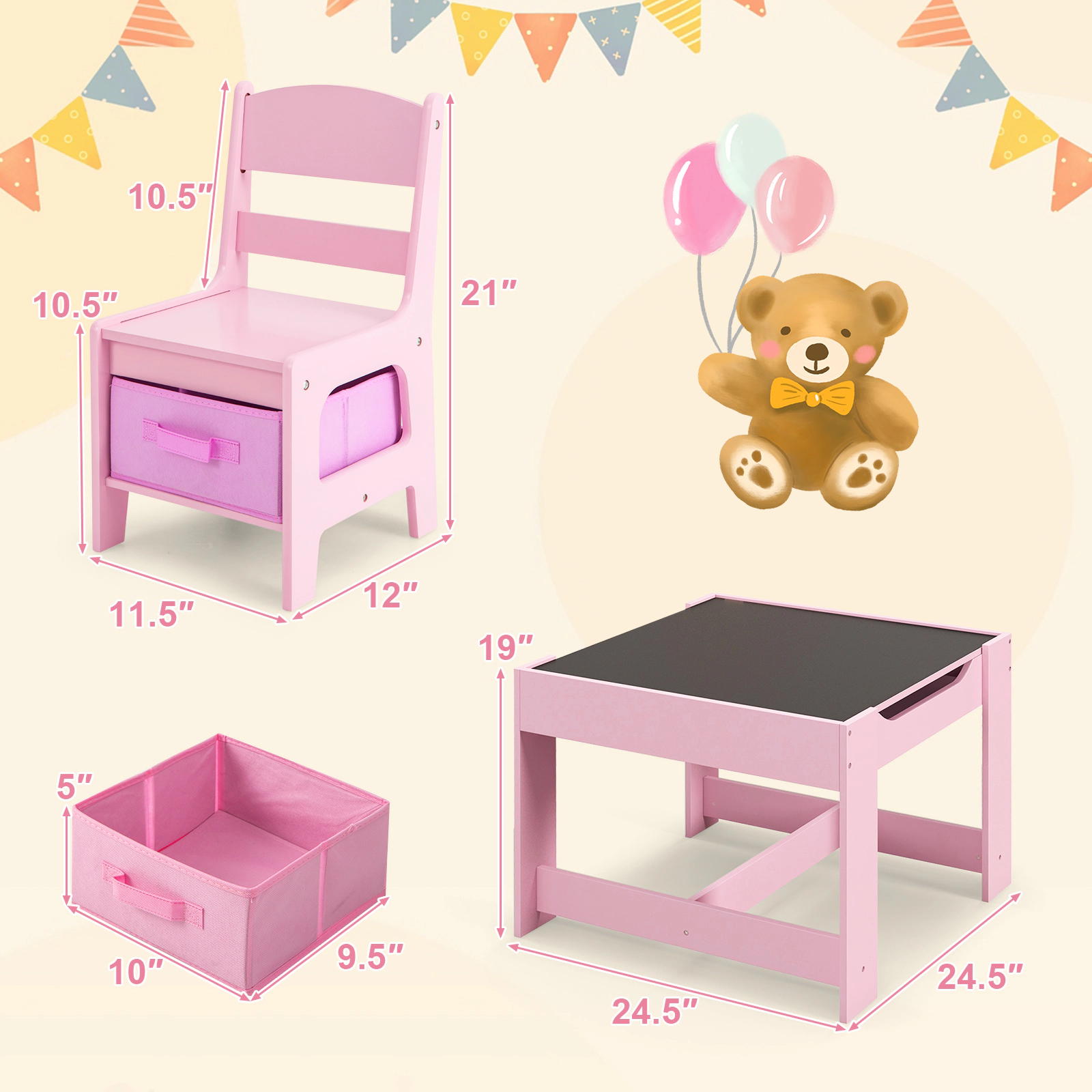 SUGIFT 2-in-1 Kids Table & Chair Set with Blackboard & Whiteboard 50-lb Table 100-lb Chairs Ages 3-7 Pink/White/Natural