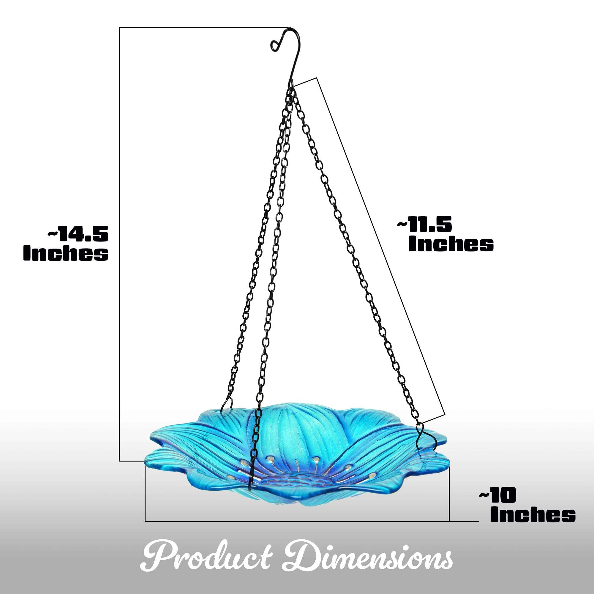 G128 10-inch Hanging Glass Bird Bath and Feeder Blue Flower Design
