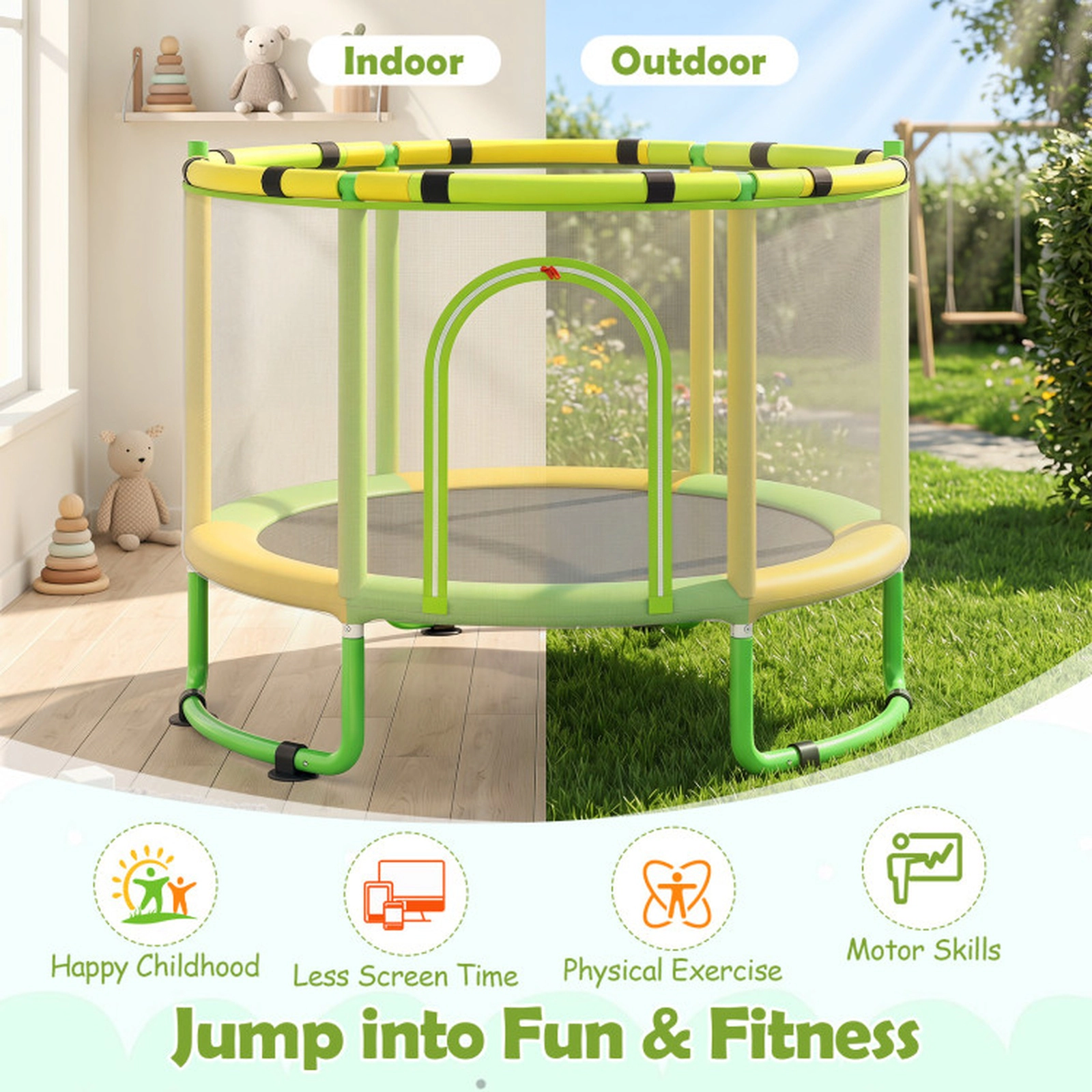 SUGIFT Gymnastics Bar Swing and Basketball Hoop 60 Inch 6-in-1 Kids Toddler Trampoline