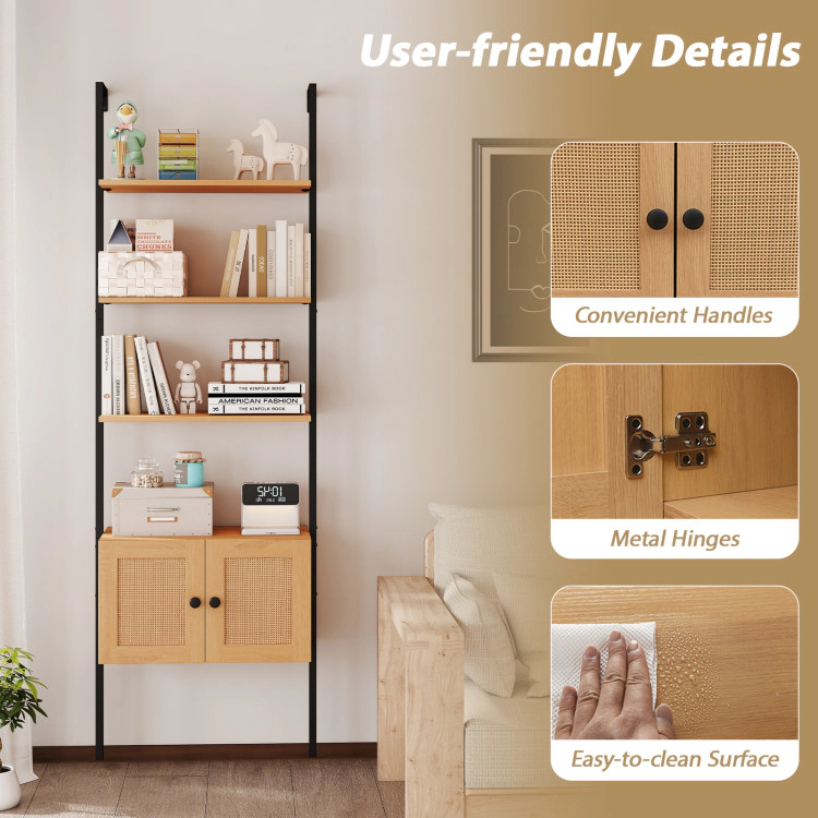 Hivvago 5-Tier Ladder Bookcase with Rattan Cabinet and Metal Frame