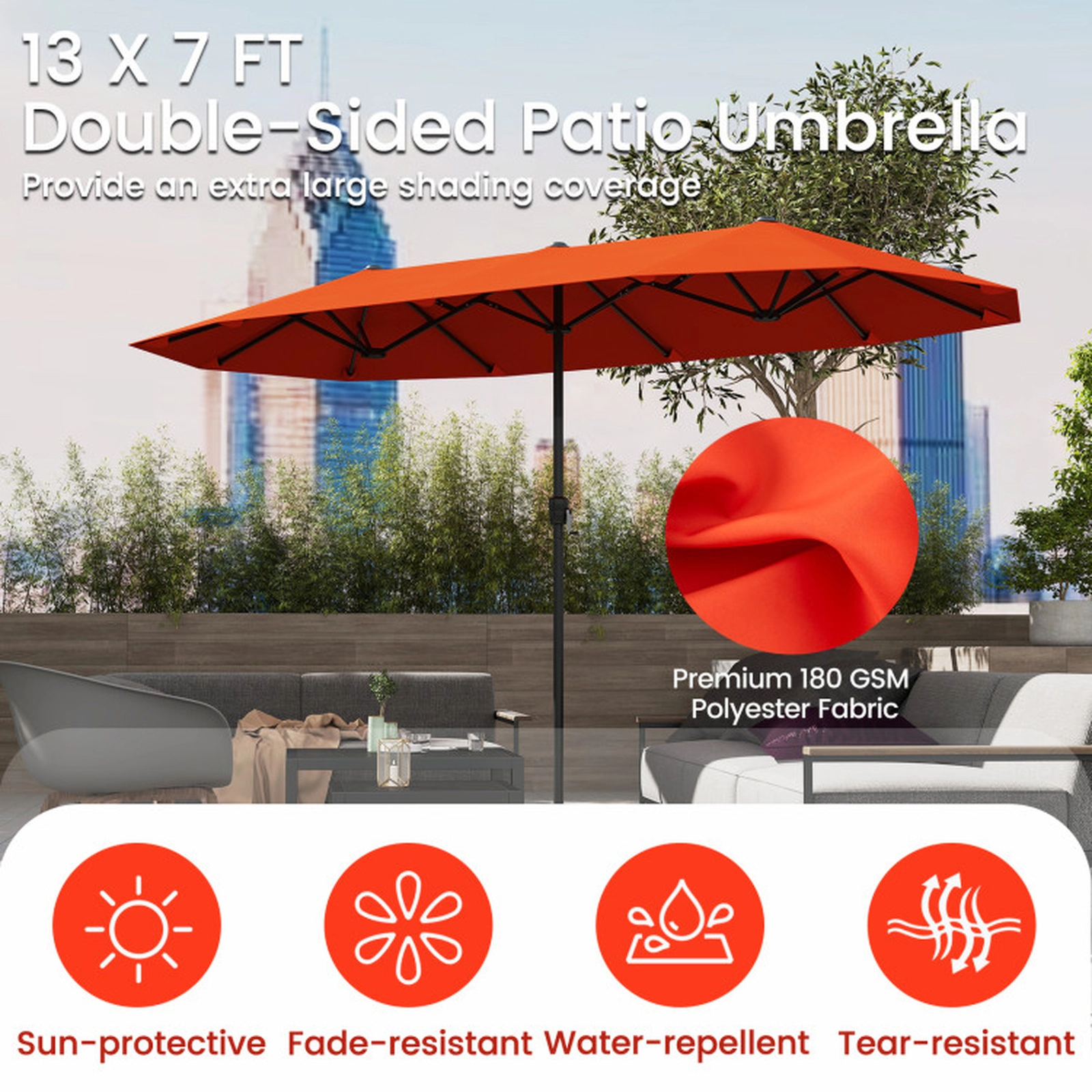 SUGIFT 13-ft Double-Sided Patio Market Umbrella with Crank Handle Polyester Fabric Canopy Orange