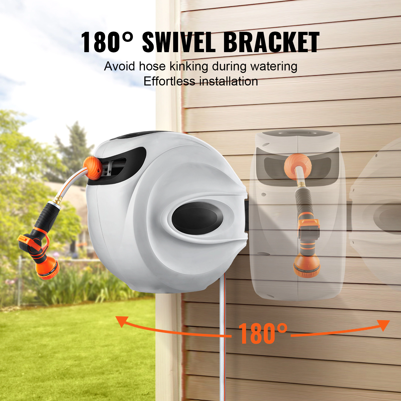 HONGGE Retractable Garden Hose Reel, 5/8 in x 65 ft, Wall-Mounted, Auto Rewind, 9-Pattern Nozzle, 180 Swivel Bracket