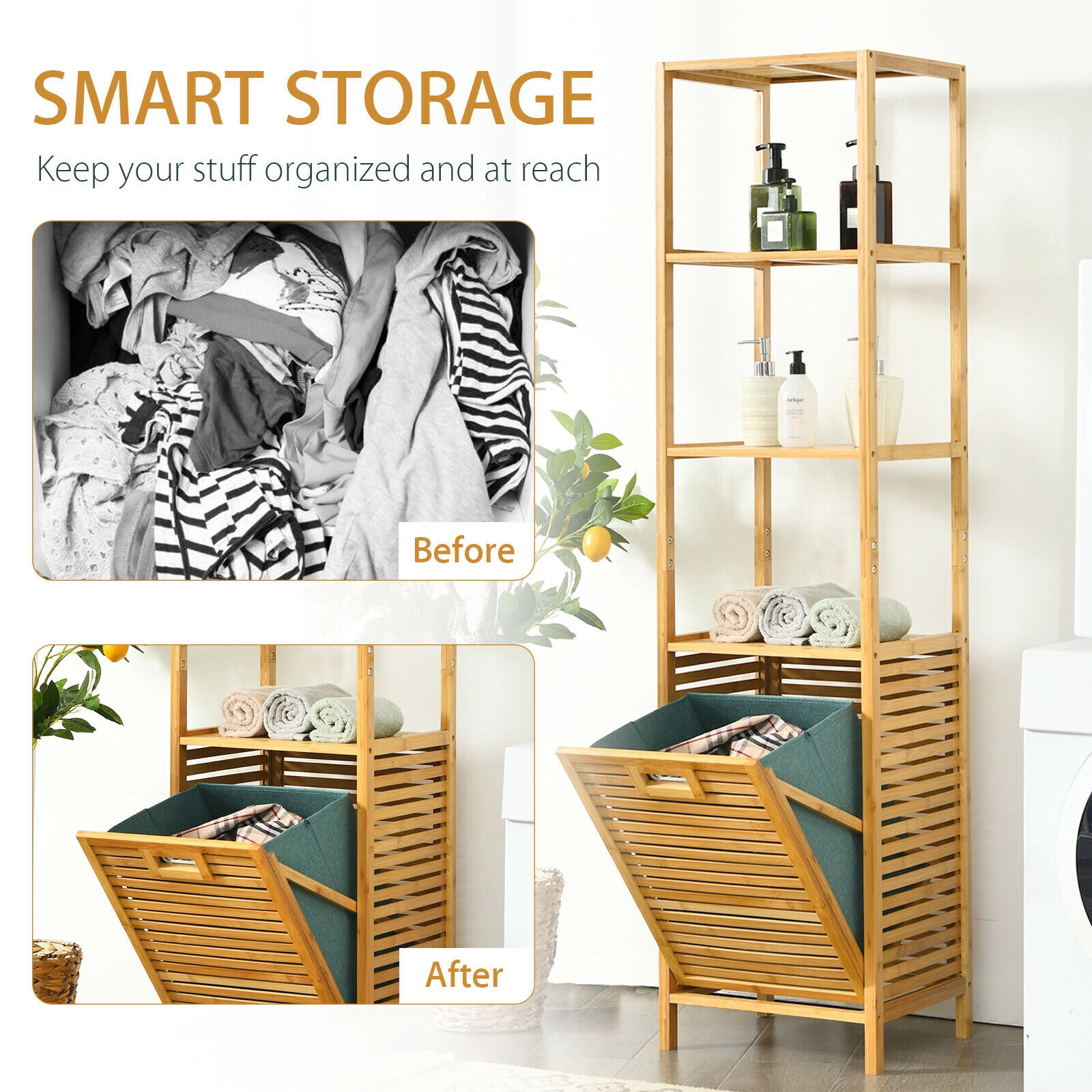 Glintex Bamboo Hamper Tower with Tilt-Out Bin and 3 Storage Shelves, Natural