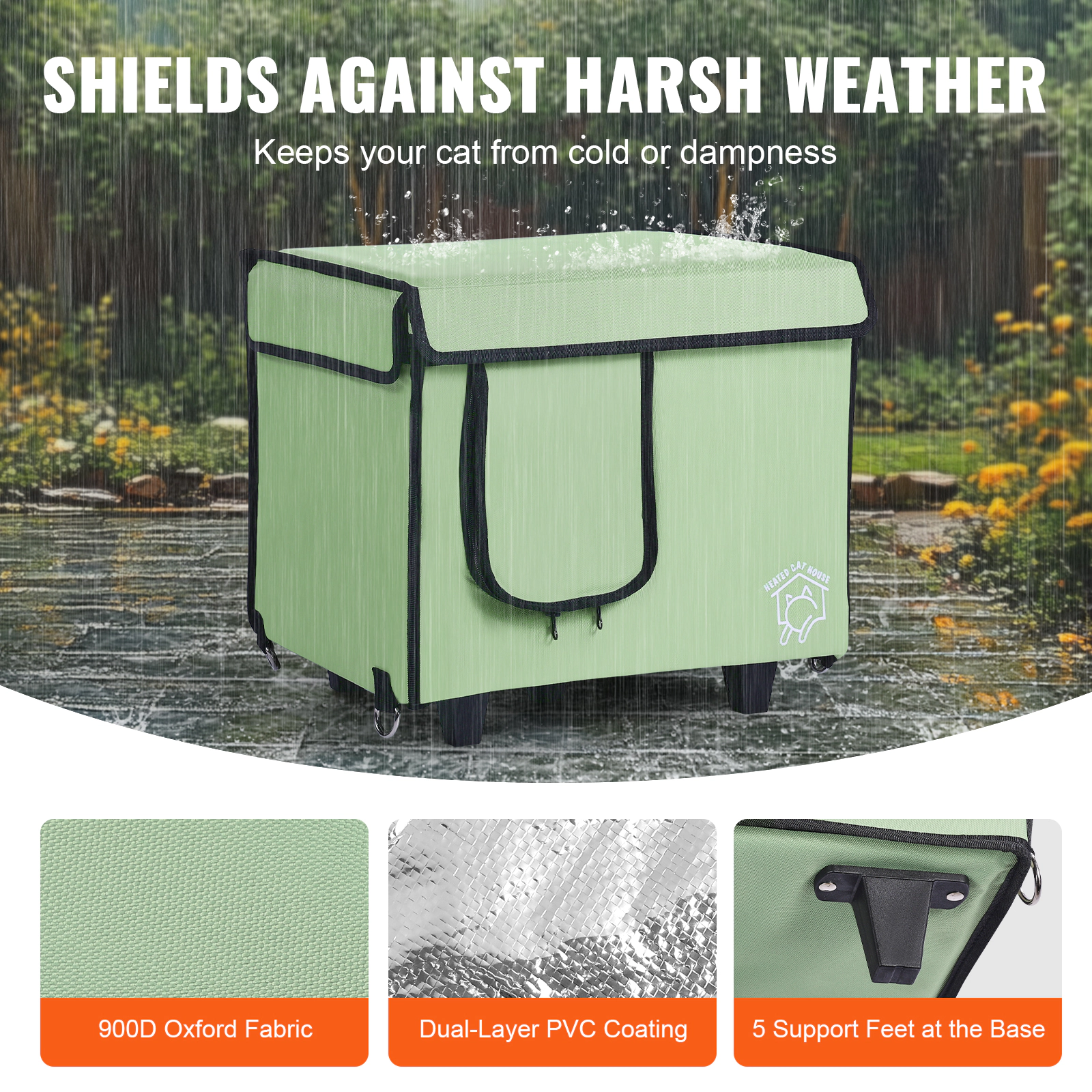 HONGGE Elevated Heated Cat House Cuboid Kitty Shelter with Adjustable Temperature and Timer 900D Oxford Cloth Foldable