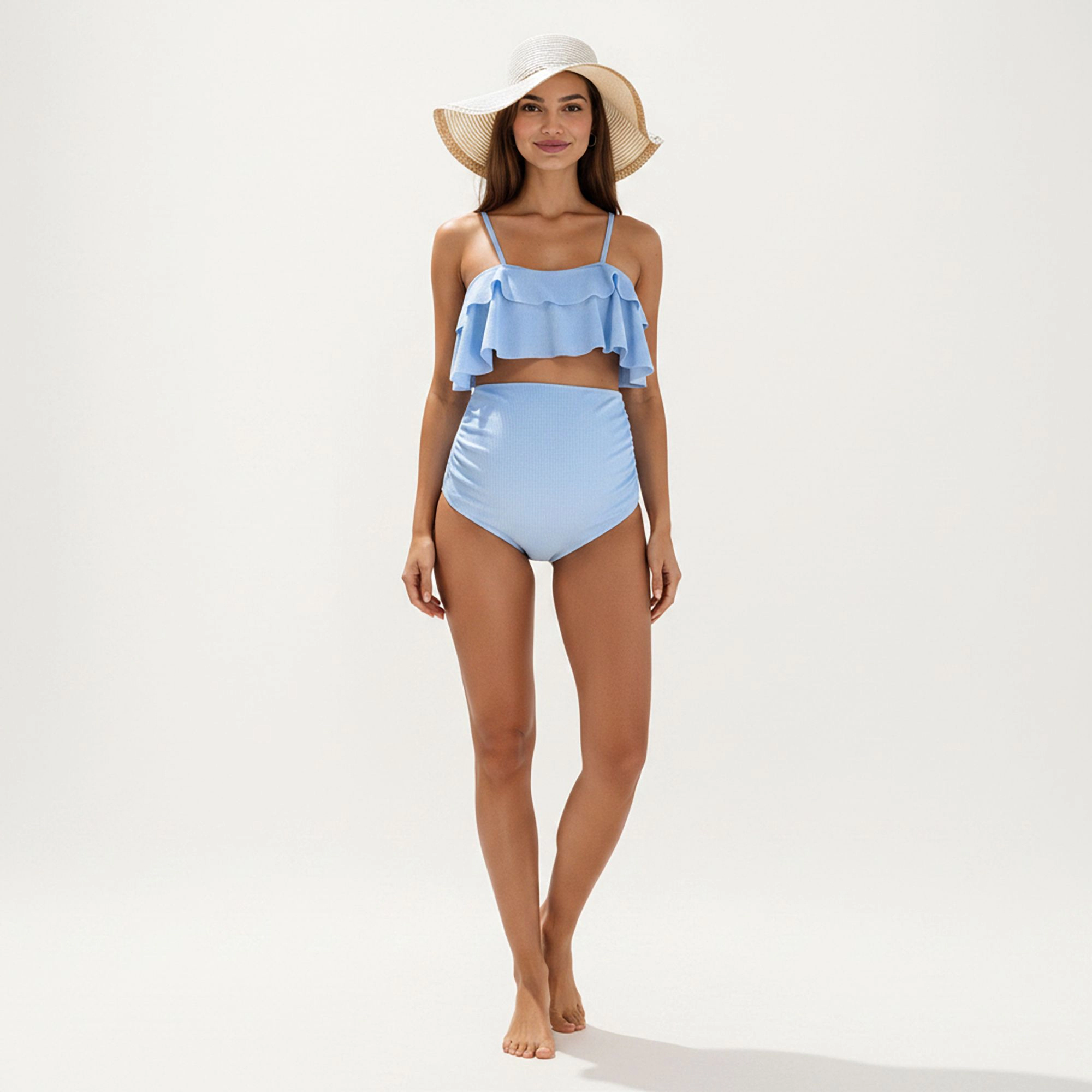 Anna-Kaci Women Ribbed Maternity Two-Piece Bikini Set Ruffle Top High-Waisted Bottom