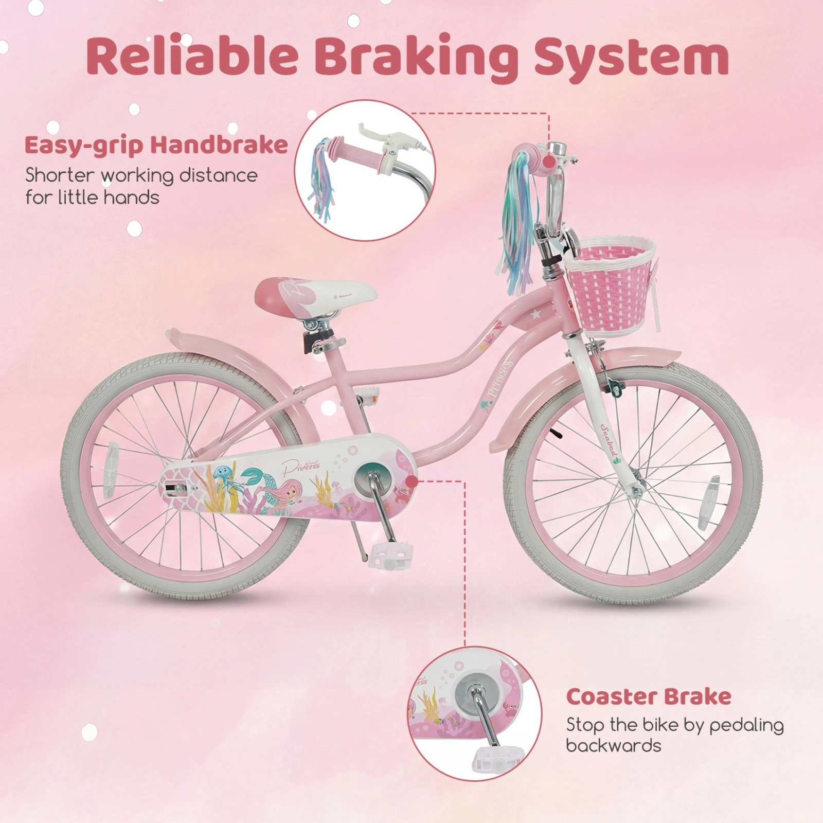 SUGIFT Adjustable 20-In Kids Bicycle with Basket and Streamers 200-lb Capacity Ages 8+ Pink Princess of the Sea Theme