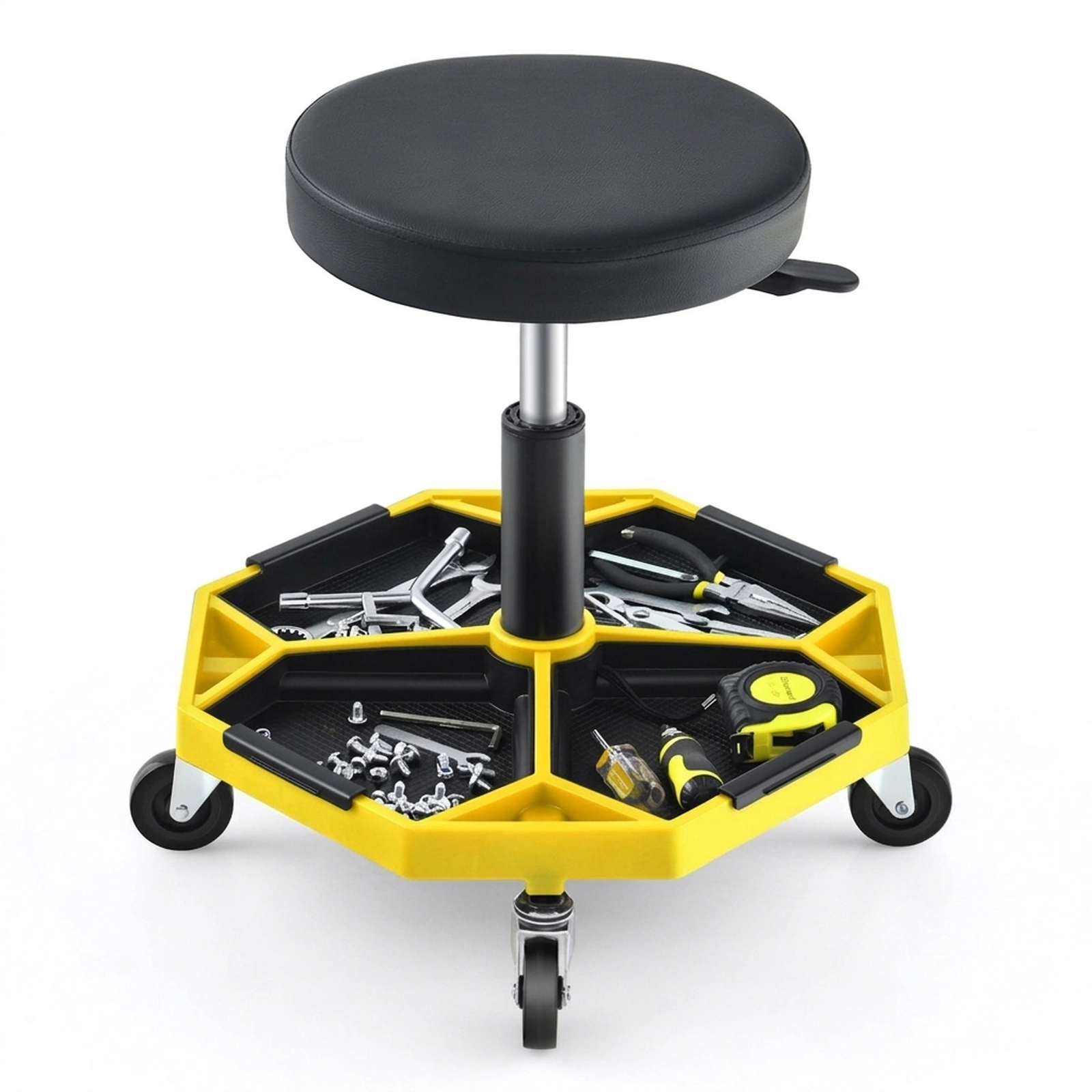 SUGIFT 4 Removable Chassis Magnetic Tool Tray Pneumatic Rolling Mechanic Stool 20-in x 20-in x 16-in 330-lb Yellow