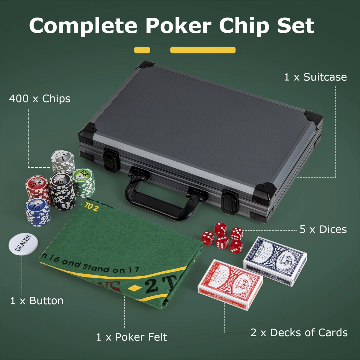 SUGIFT Texas Holdem Casino Poker Chip Set with 400 Pieces 1.5-in Chips Carrying Case and Poker Felt 13-lb Set Black