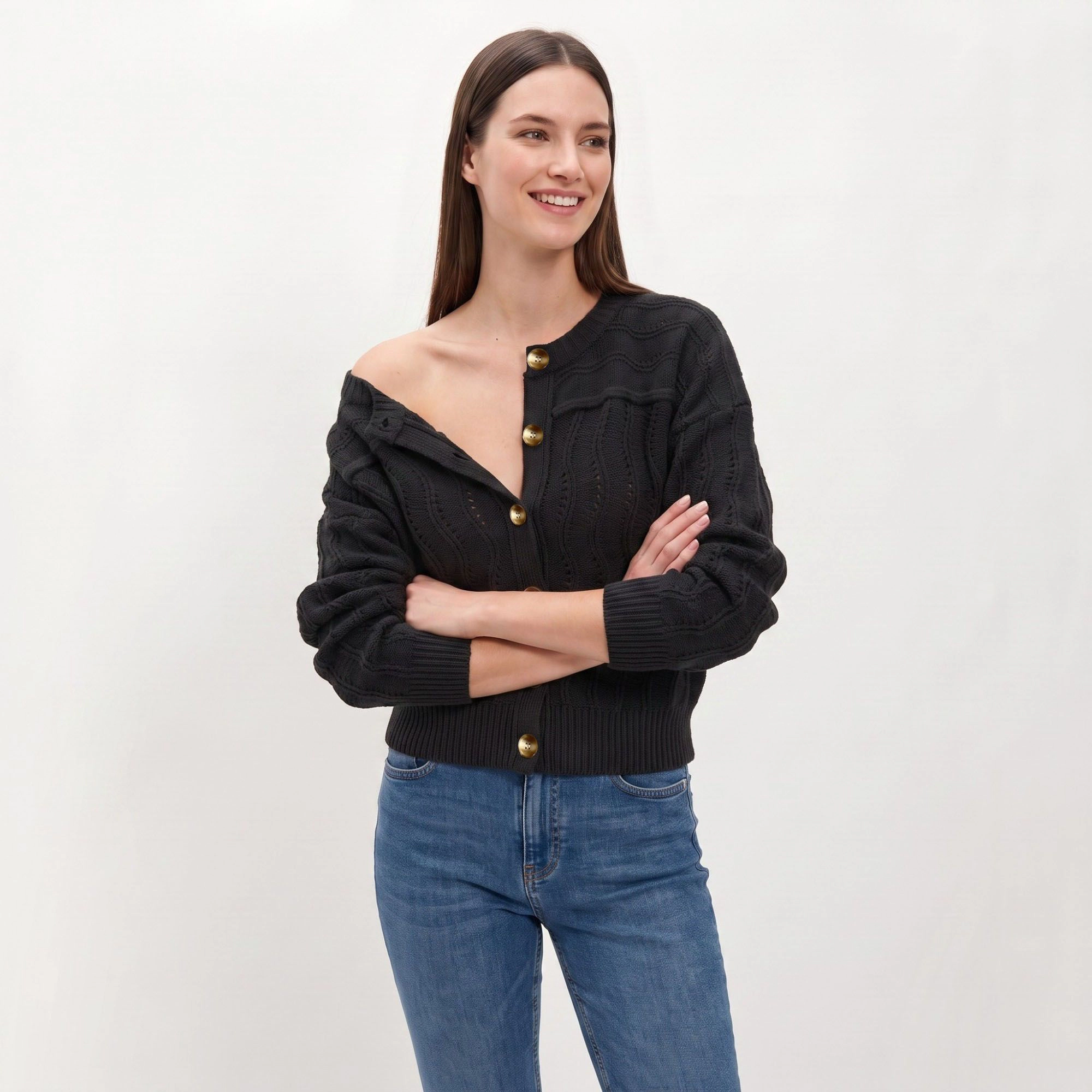 Anna-Kaci Women's Wavy Pointelle Button-Front Long Sleeve Knit Cardigan