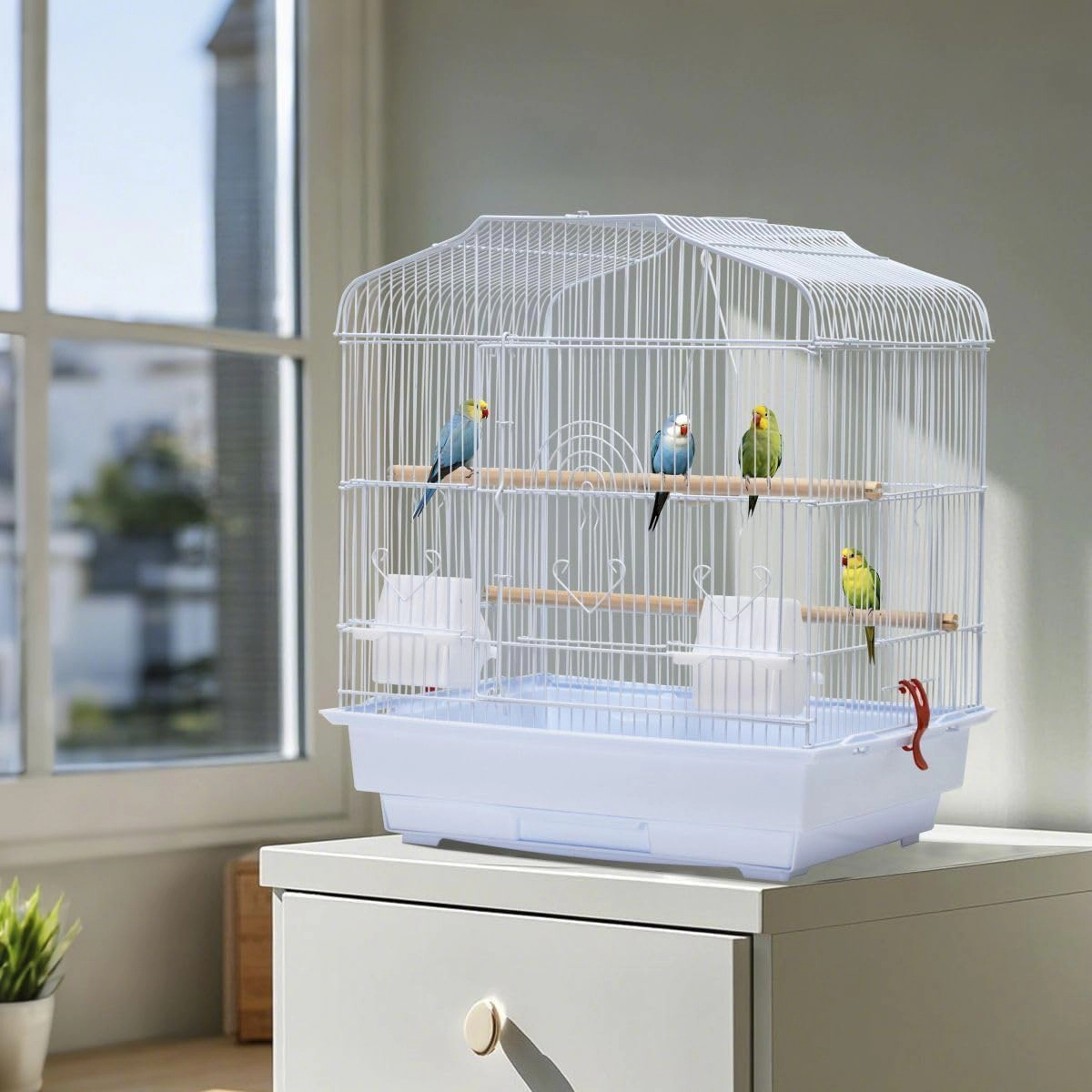 Portable Travel Metal Bird Cage, Lightweight Display Aviary for Budgie Cockatiel Small Parrots, White