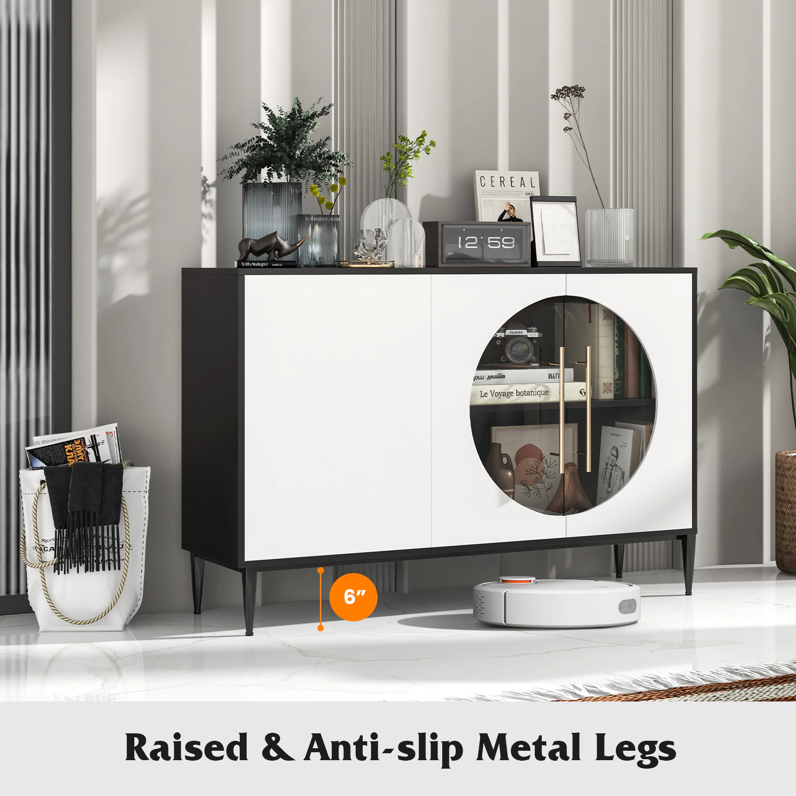 SUGIFT 47-in 230-lb Capacity White Sideboard Cabinet with Tempered Glass Doors 3-Position Shelves and Metal Legs