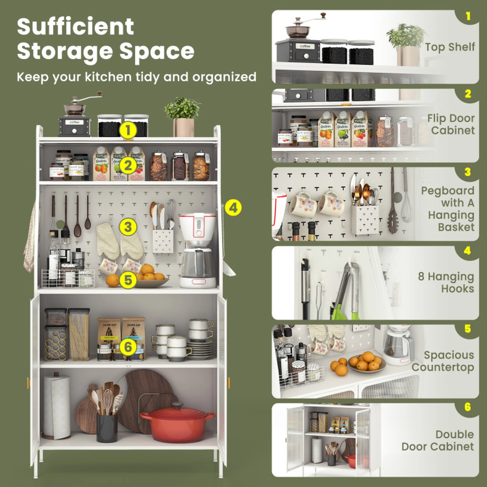 SUGIFT 5-Tier Metal Sideboard Baker's Rack with Pegboard and See-through Flip-up Door 230-lb Capacity White & Gold