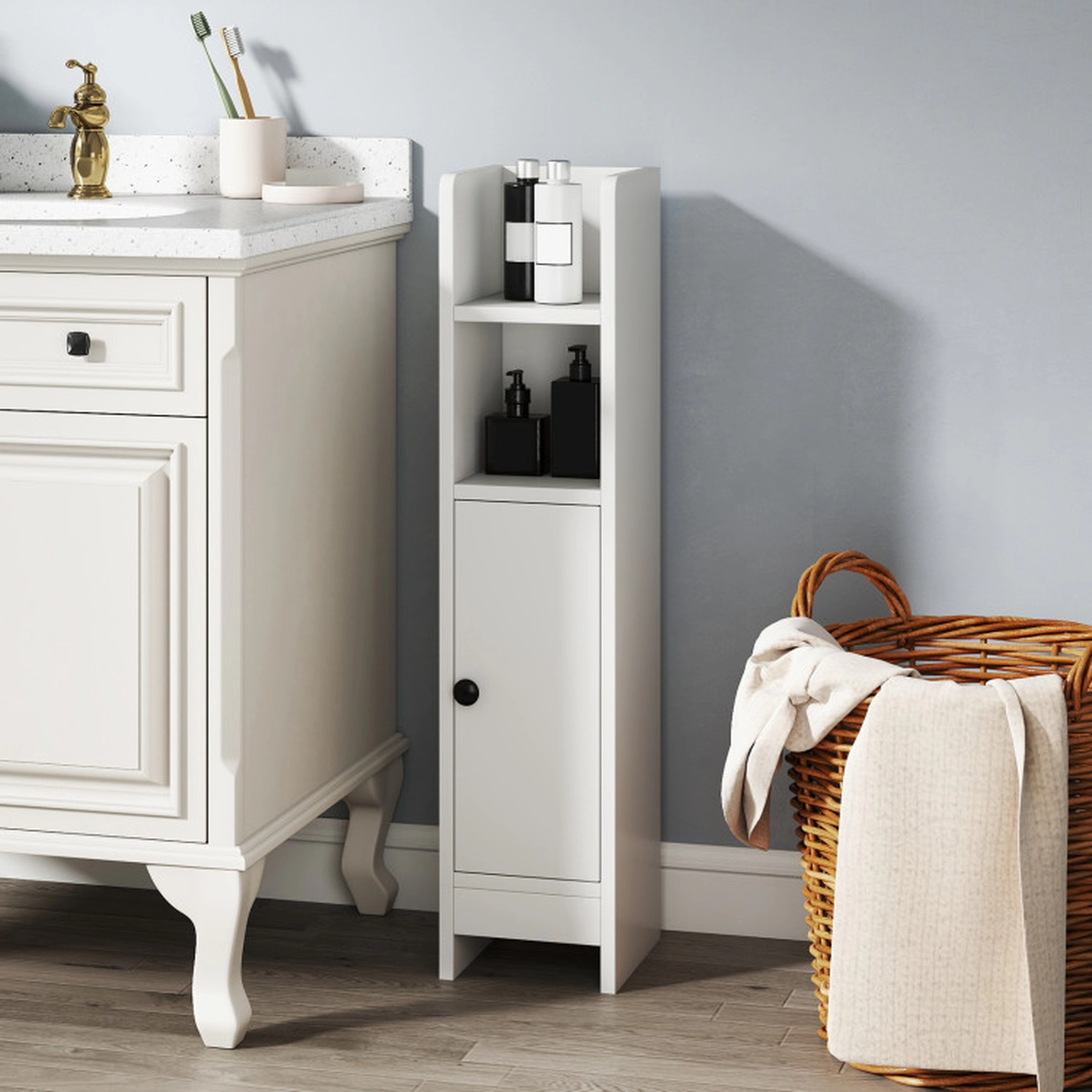 SUGIFT Slim Corner Bathroom Floor Cabinet with Door and 3-Tier Adjustable Shelf 31.5-in Tall 44-lb Capacity White