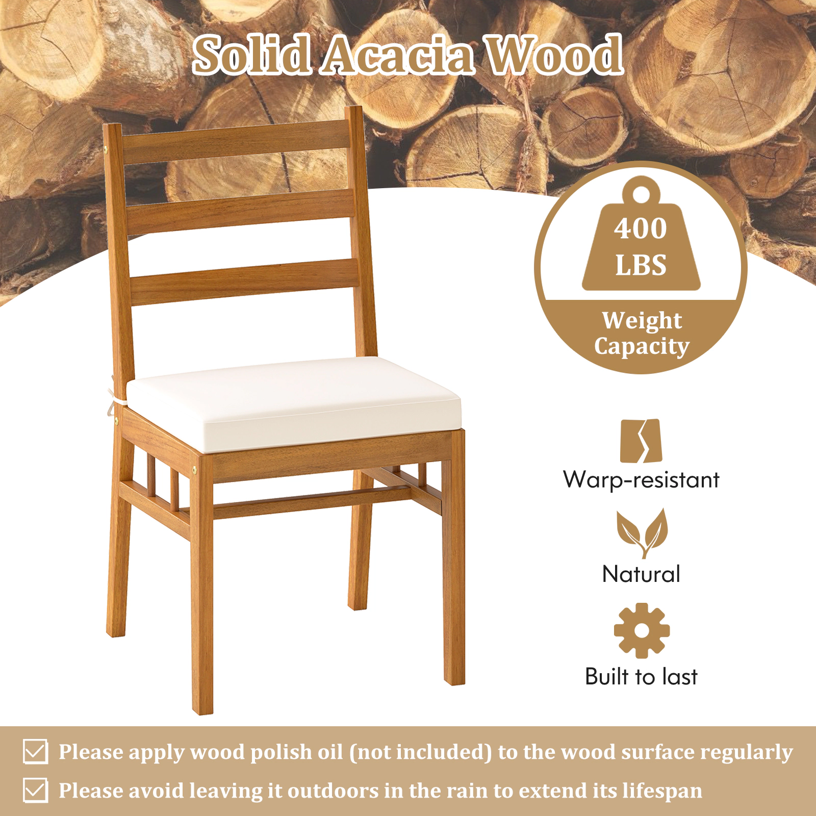 LJG Solid Acacia Wood Patio Chair Set of 2 Armless Chair