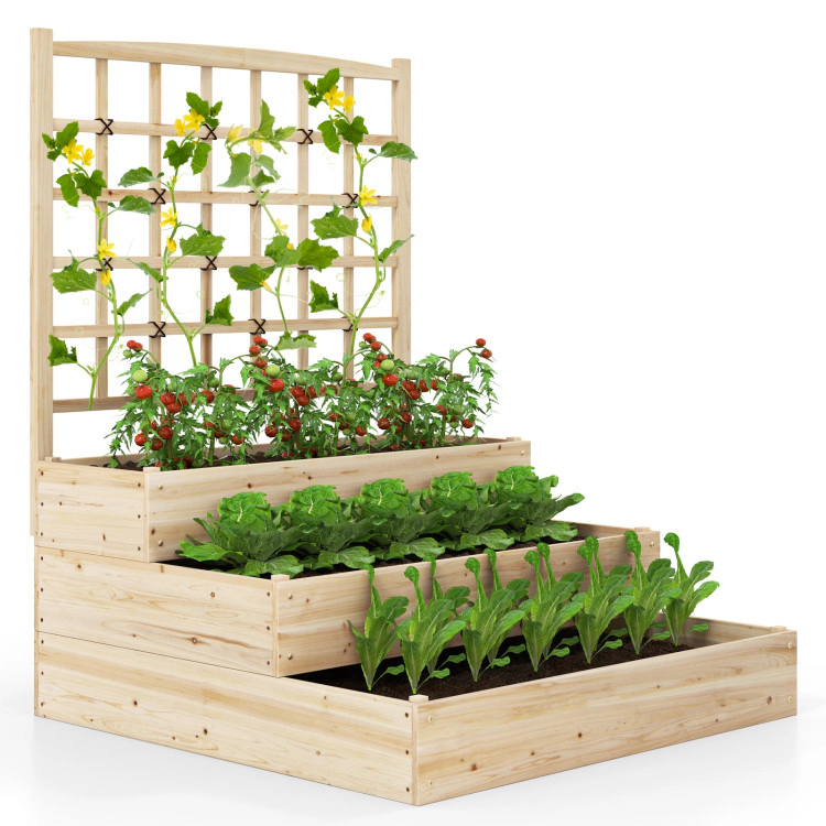 Hivvago 3-Tier Raised Garden Bed with Lattice Trellis and Open-Ended Base-Natural