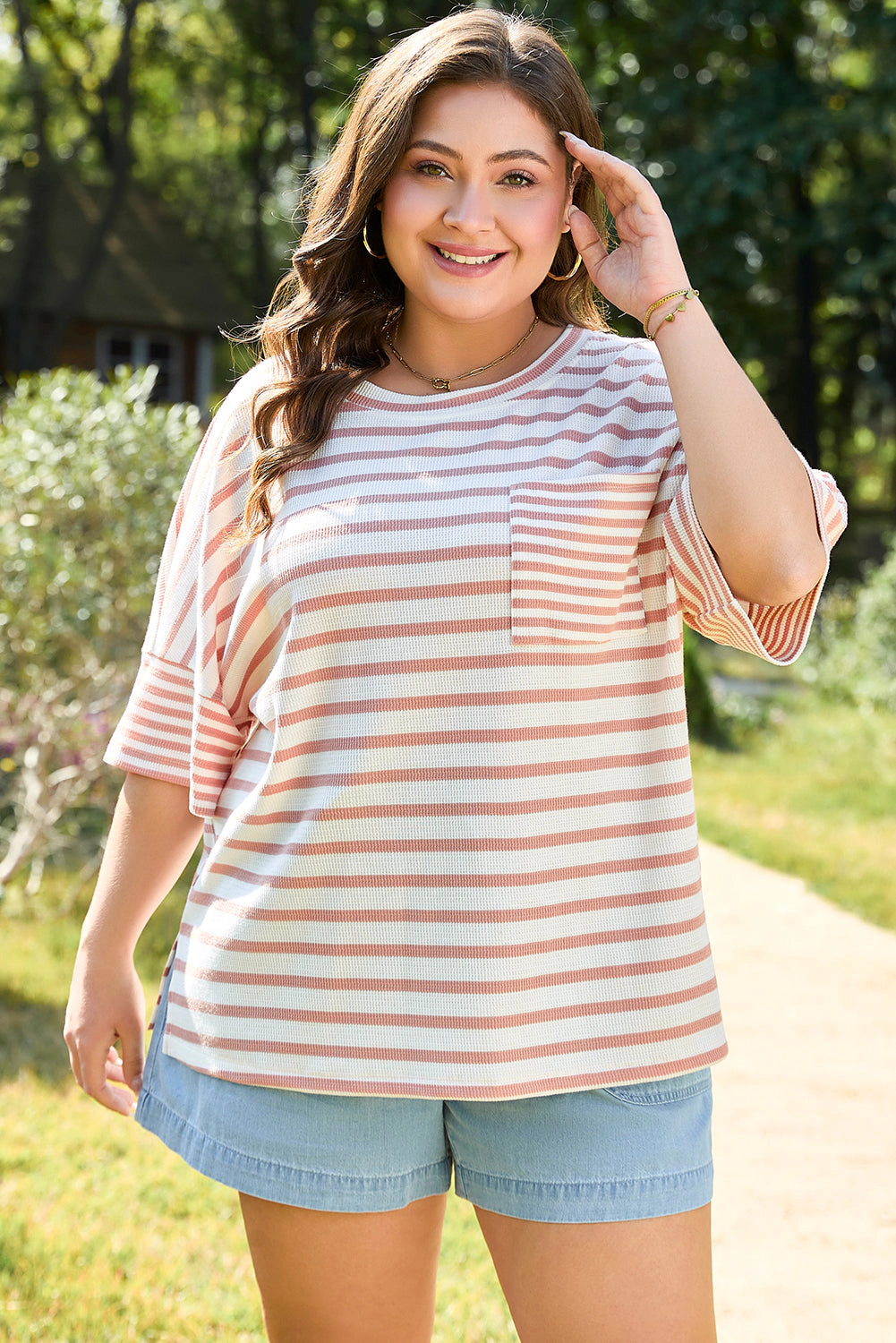 Threaded Pear Amari Plus Stripe Waffle Knit Top