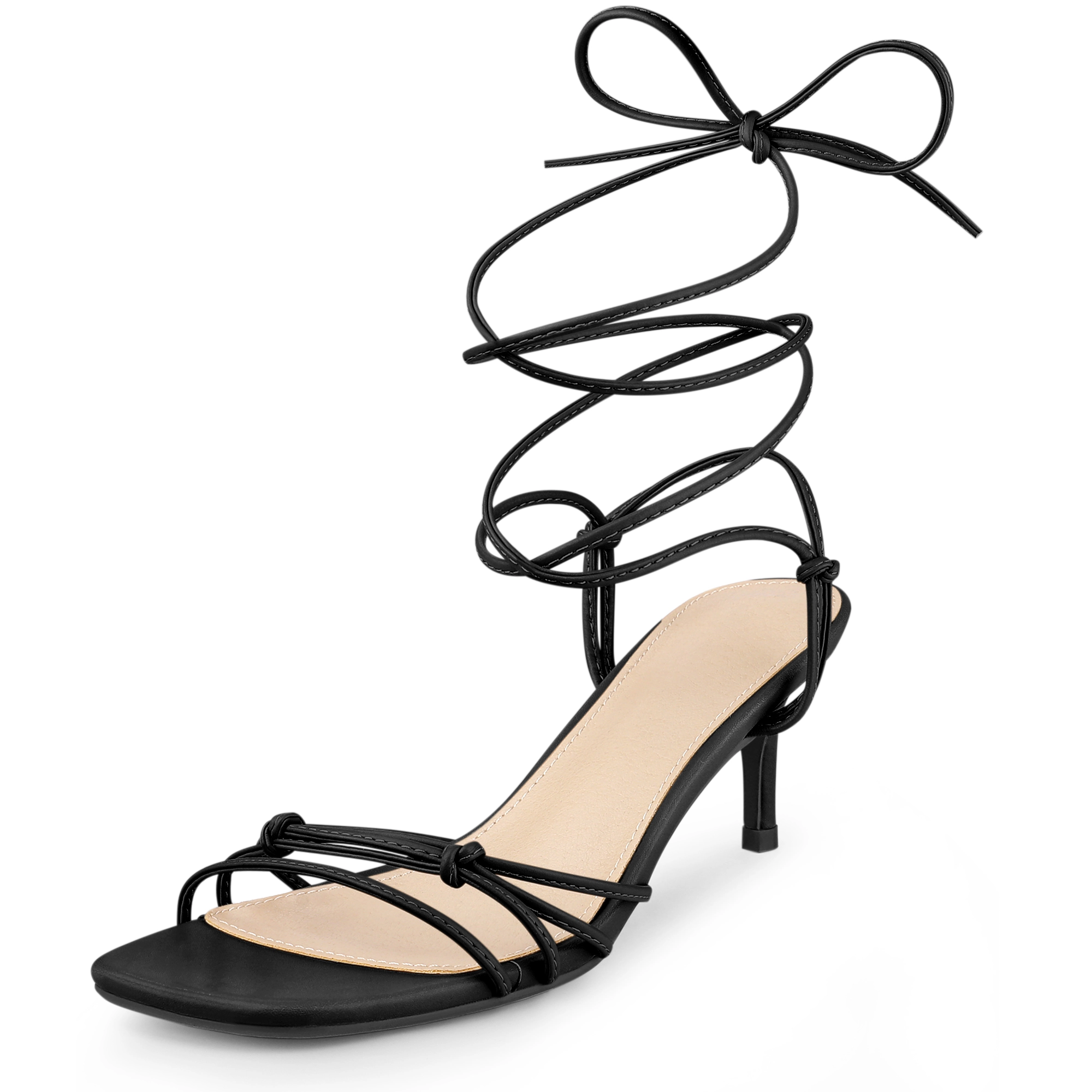 BLISSFUL STEP Women's Kitten Heel Lace Up Square Toe Strappy Heels Sandals