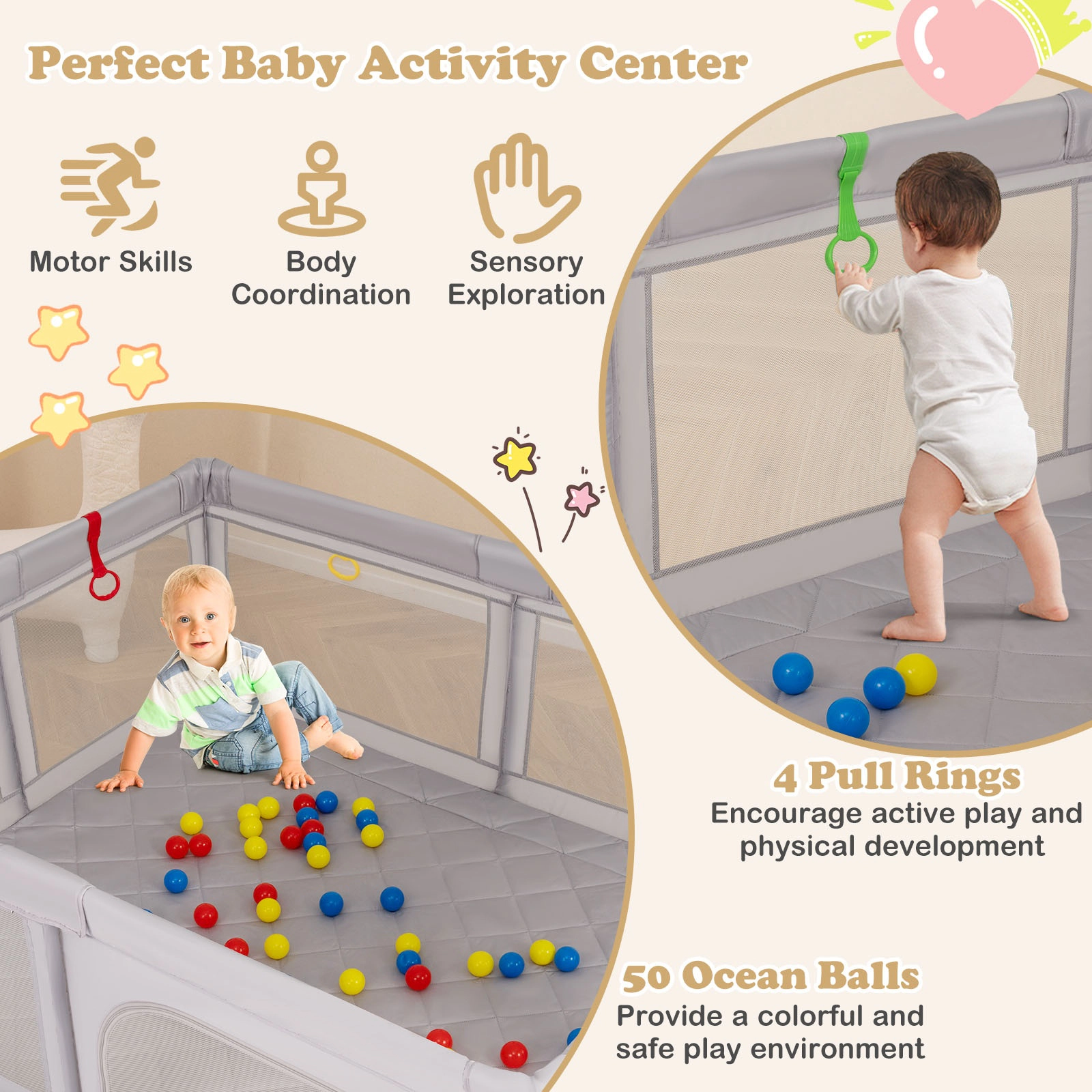 SUGIFT 73-in Large Baby Playpen with Waterproof Play Mat 50 Ocean Balls 4 Pull Rings and Mesh Storage Bag