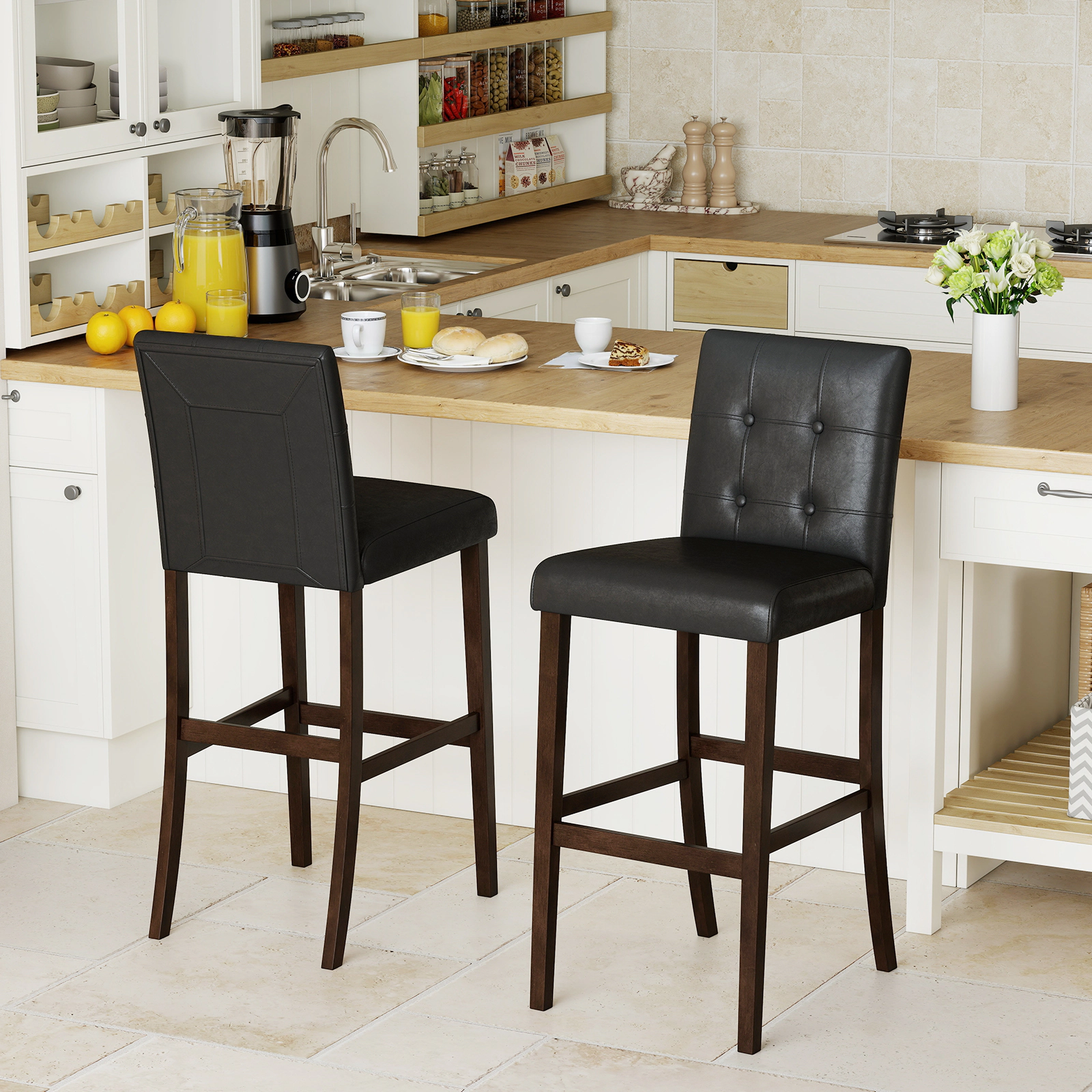 SUGIFT Set of 2 PVC Dining Leather Bar Stools Solid Wood Legs 243-lb Capacity 39-in Tall Upholstered Seat & Back Black