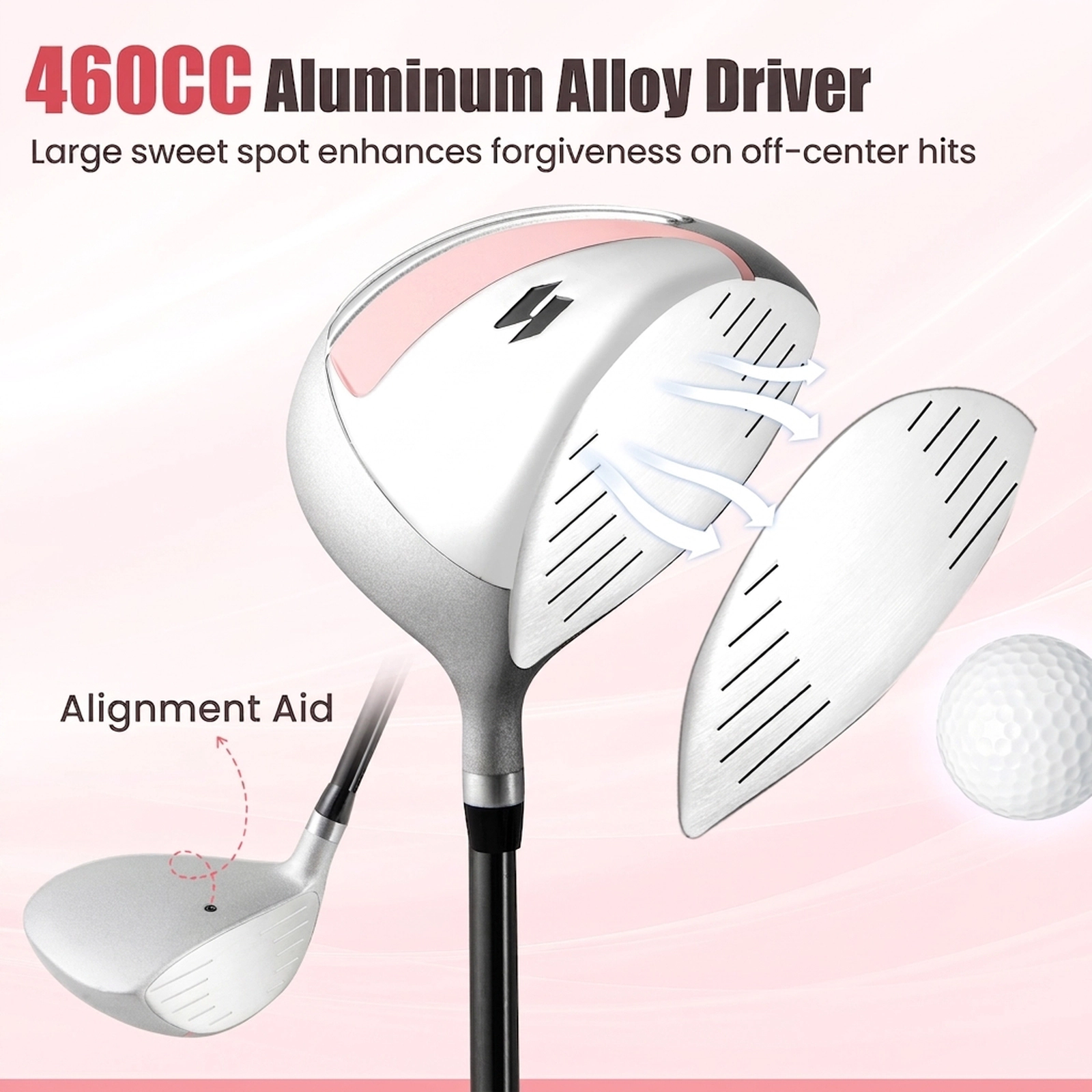 10-pc Womens Golf Club Set 460cc Alloy Driver Fairway Wood Hybrid 4 Irons Pitching Wedge Putter Stand Bag Pink