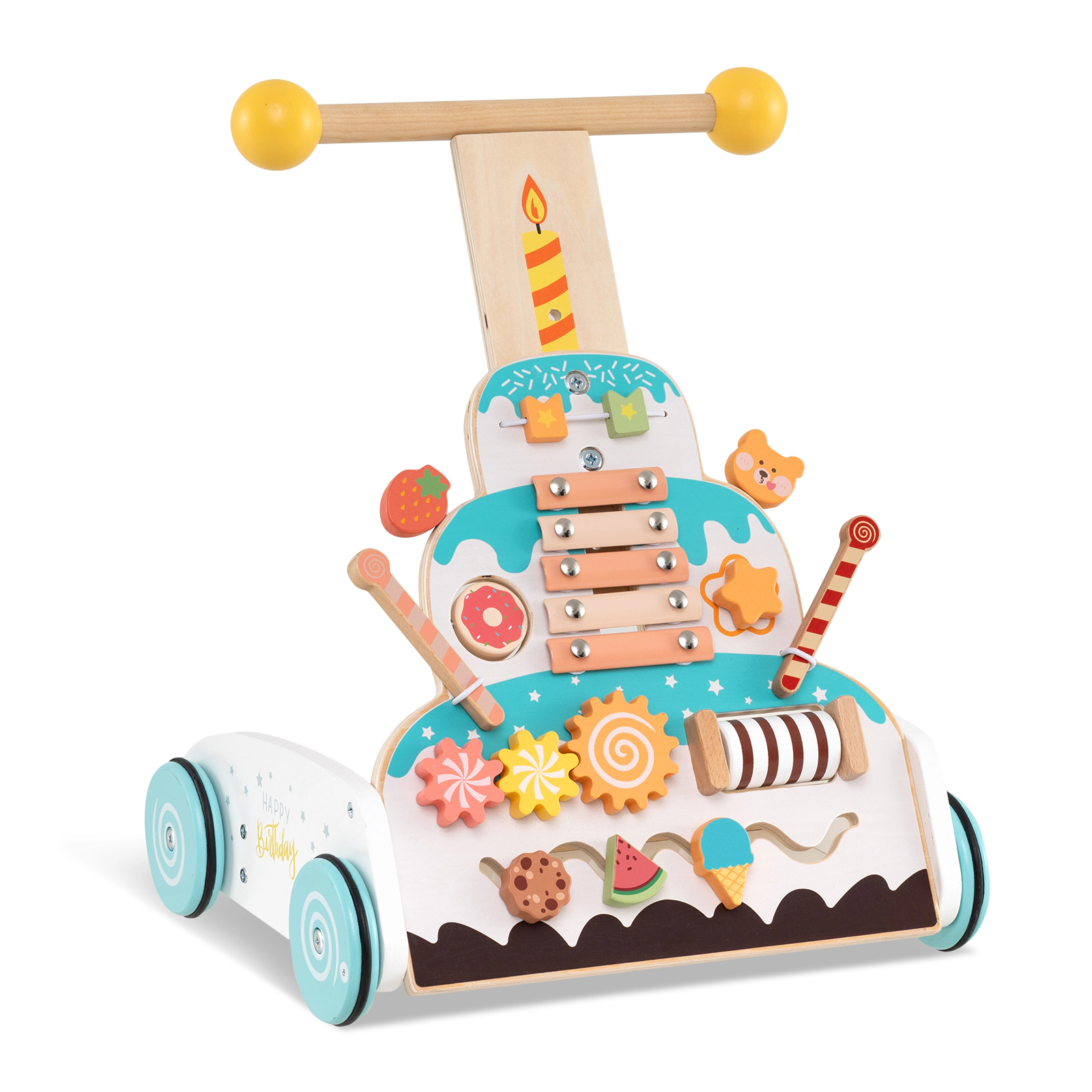 SUGIFT White 3 Adjustable Handle Heights and Smooth Rubber Wheels Wooden Baby Walker