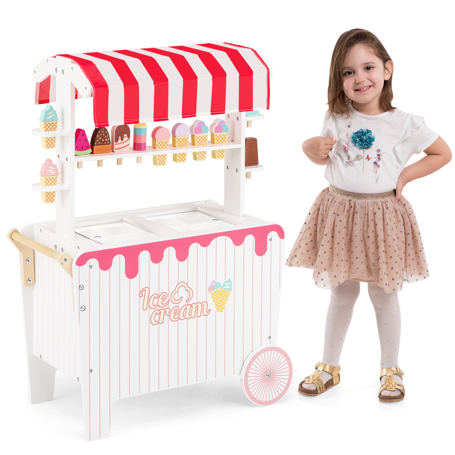 LJG Kids Ice Cream Cart Playset with Display Rack and Accessories