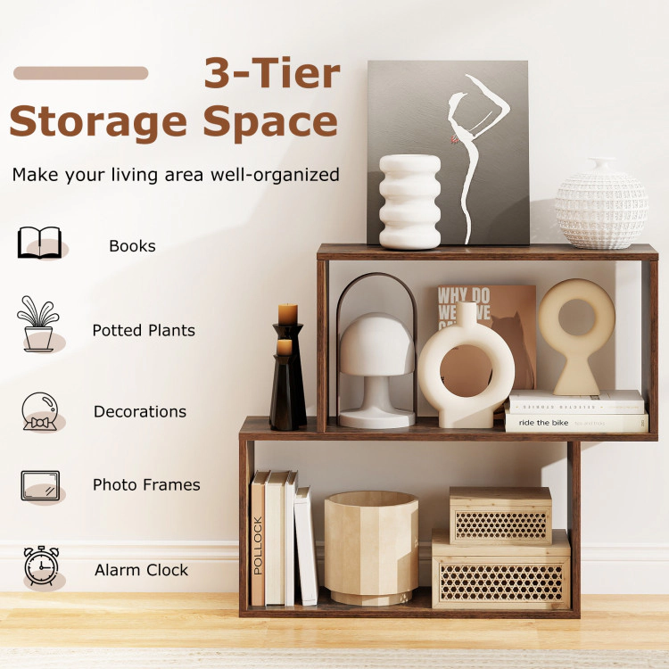 Hivvago 3-Tier Geometric Bookshelf Freestanding Wooden Bookcase with 2 Cubic Compartments
