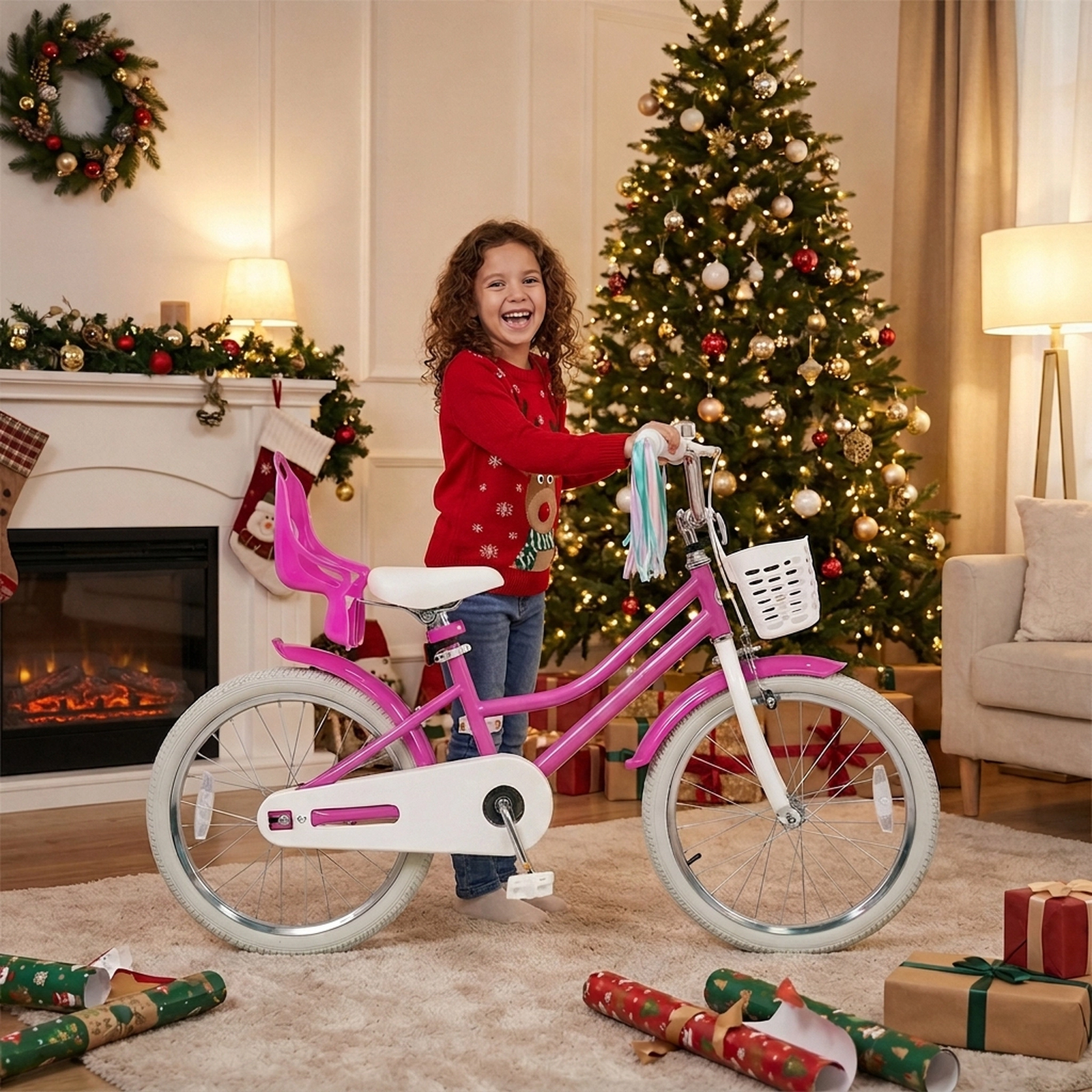 20-in Kids Bike Front Basket Dual Brake System Quick-Release Seat Kickstand 5-Layer Anti-Slip Tires Ages 8+ Rose Red