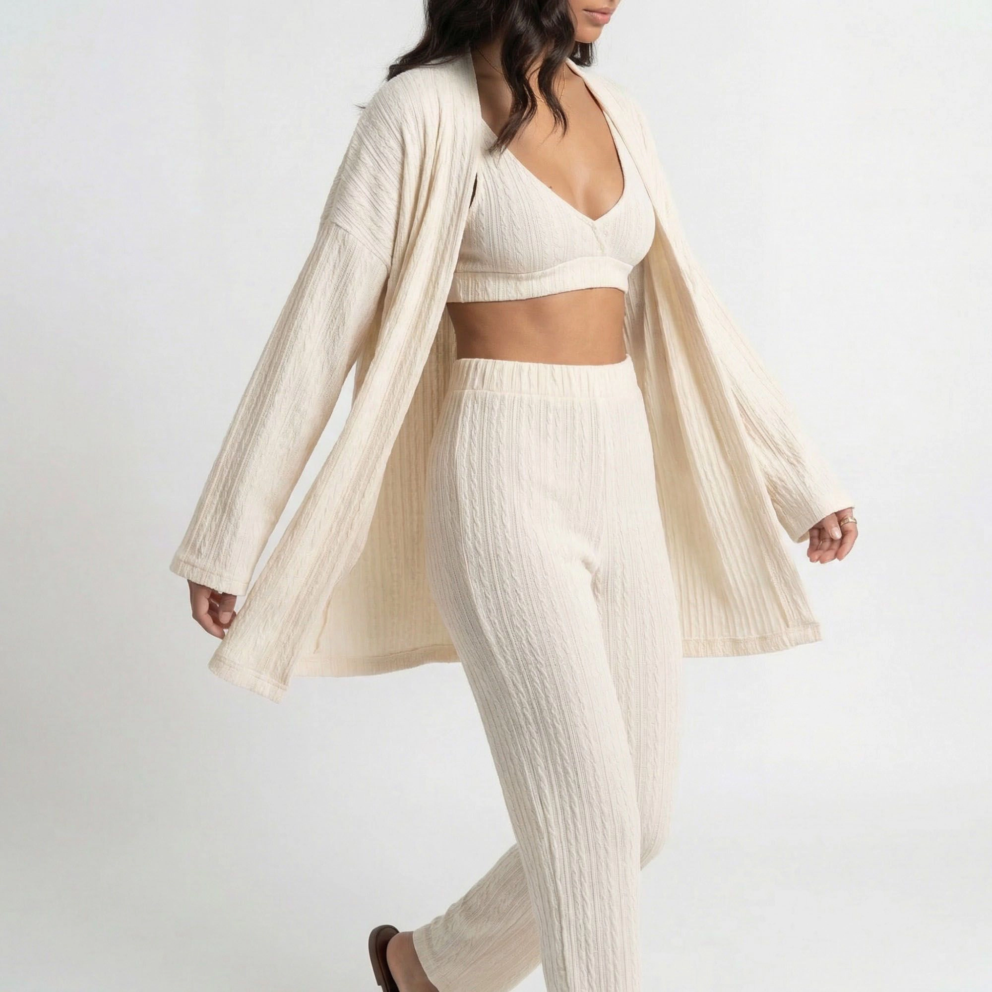 Anna-Kaci Women's 3-Piece Pajama Set with Textured Woven Knit Bra Top Open Cardigan and High Waist Pants