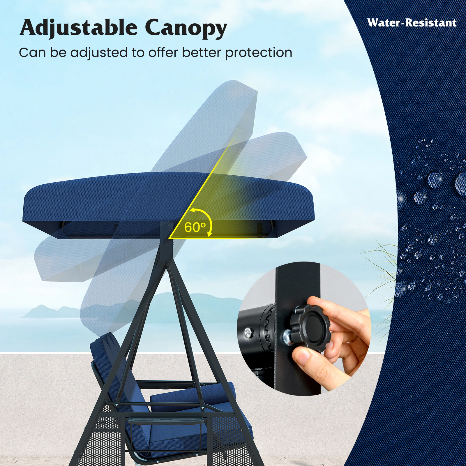 SUGIFT 3-Seat Patio Swing Chair Adjustable 60° Canopy 1000-lb Capacity with Thickened Cushions Pillow & Foldable 12.5