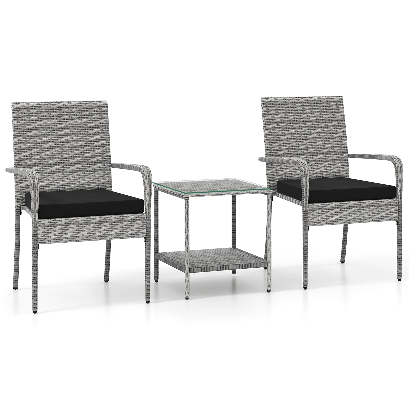 LJG 3 Piece Patio Furniture Set with Seat Cushions and Tempered Glass Tabletop for Balcony
