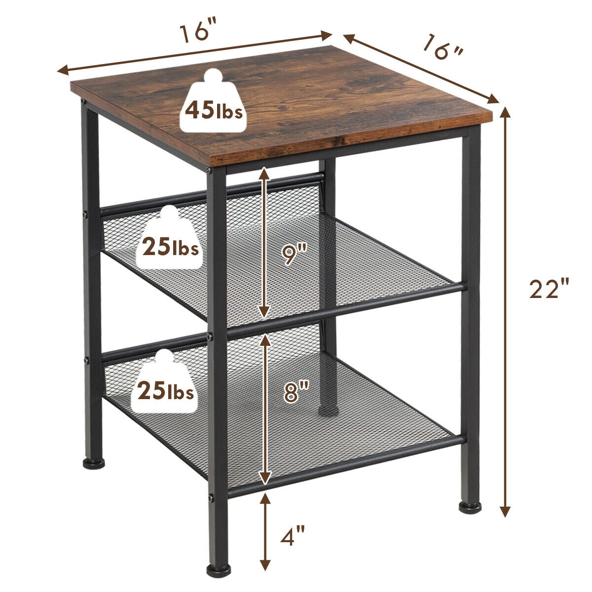 Slickblue Industrial End Table 16 Inch Rustic Wood Look Top Metal Frame Shelves